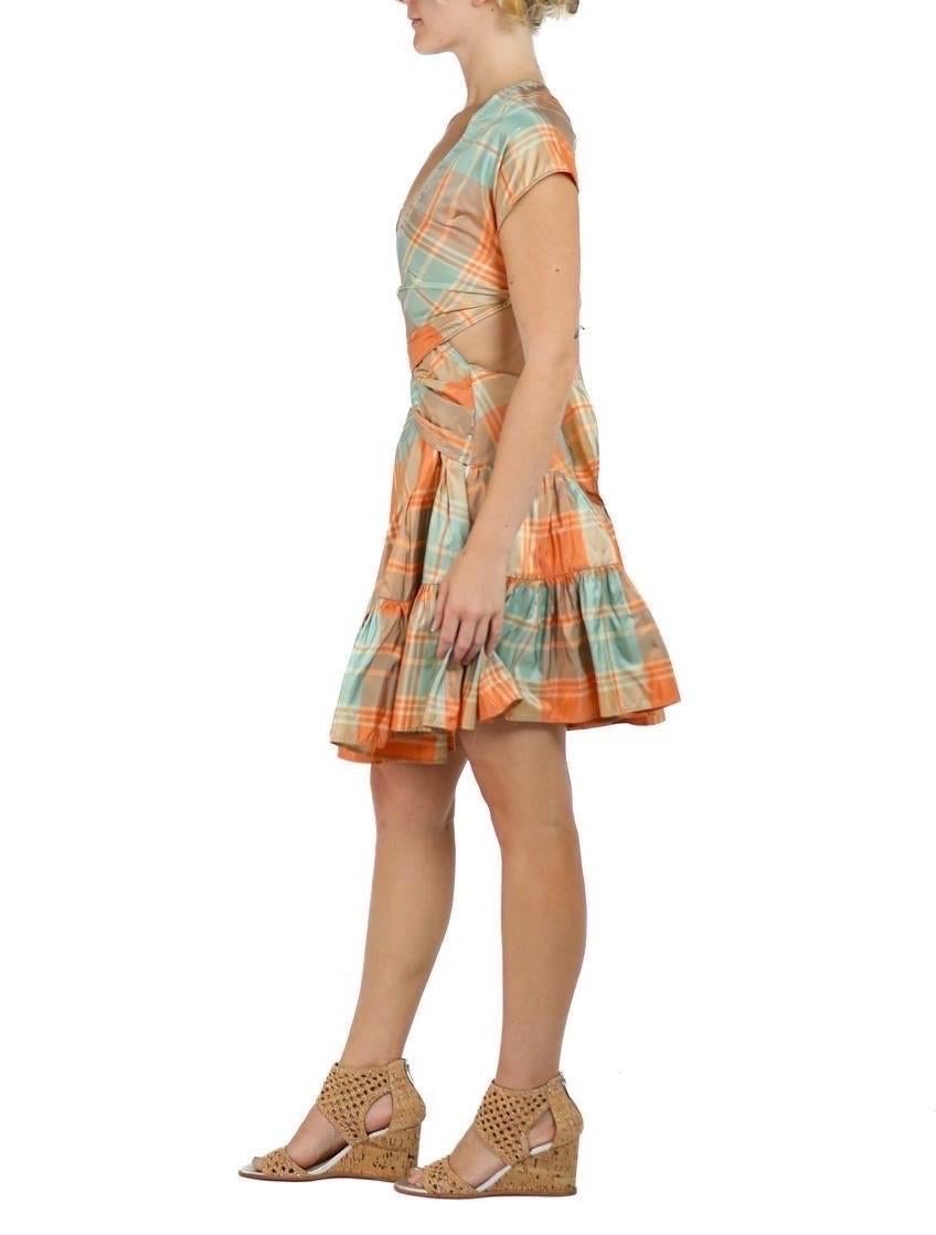 Morphew Collection Orange & Green Silk Taffeta Plaid Denise Dress In Excellent Condition For Sale In New York, NY