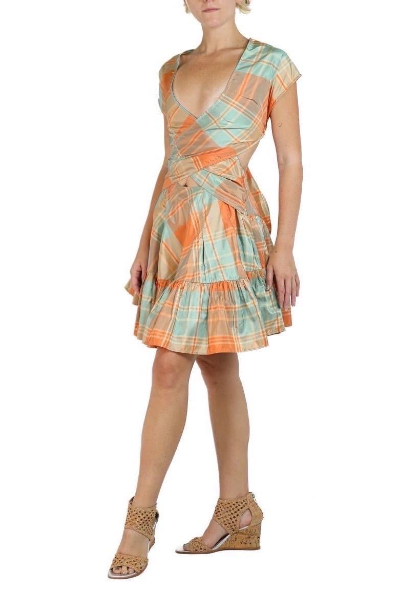 Morphew Collection Orange & Green Silk Taffeta Plaid Denise Dress For Sale 1