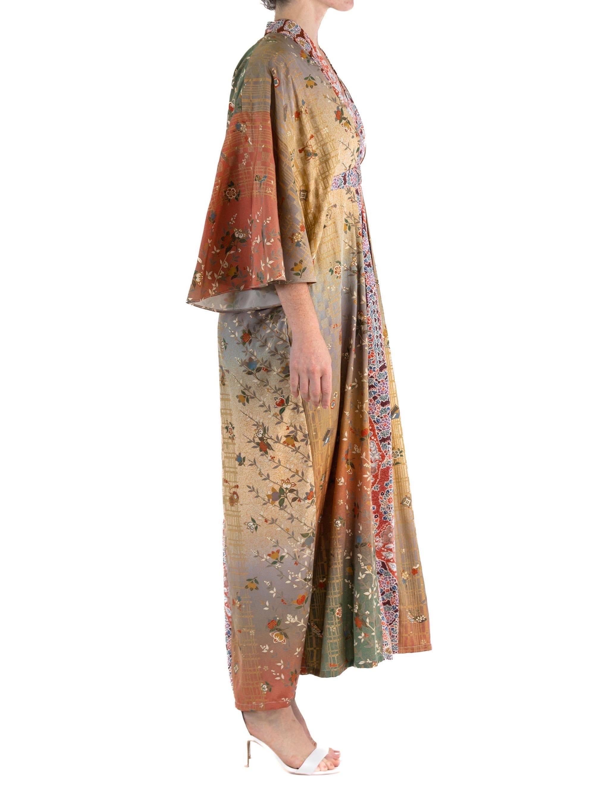 Women's or Men's MORPHEW COLLECTION Orange Grey Japanese Kimono Silk Cherry Blossom Kaftan For Sale