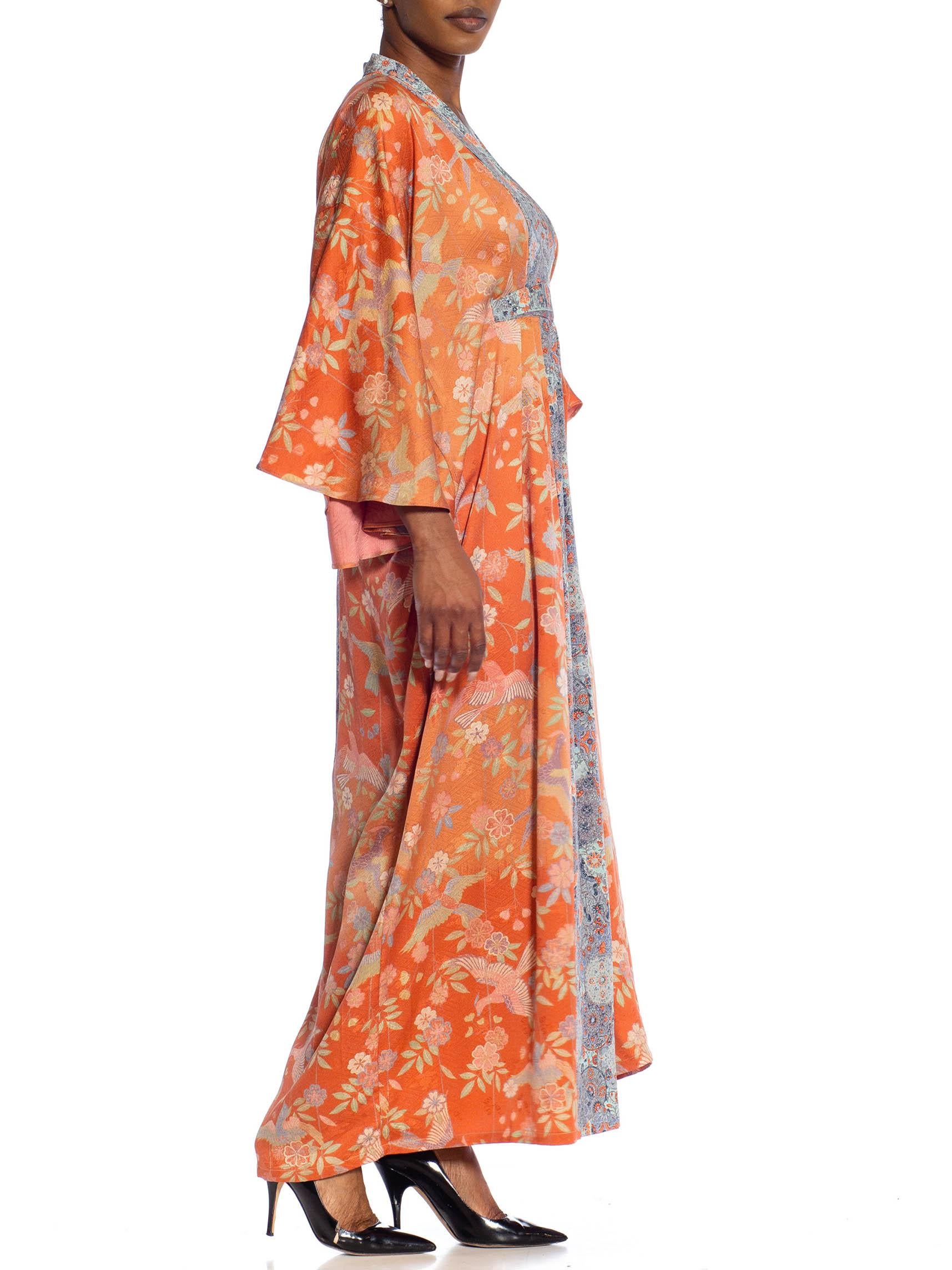 MORPHEW COLLECTION Orange Ombré Floral Japanese Kimono Silk Kaftan In Excellent Condition In New York, NY