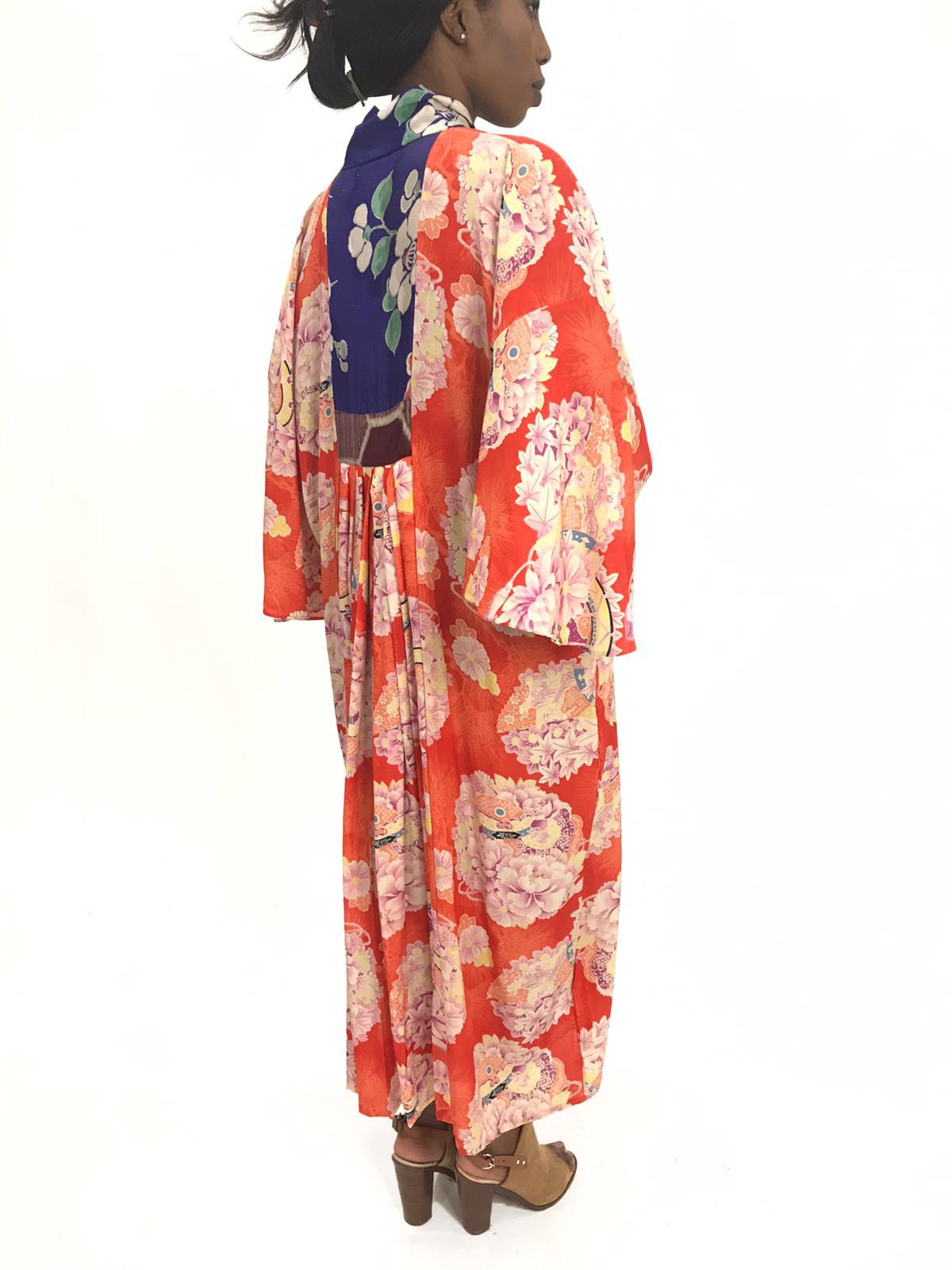 MORPHEW COLLECTION Orange Patchwork Silk Kaftan Made From Japanese Kimonos In Excellent Condition In New York, NY