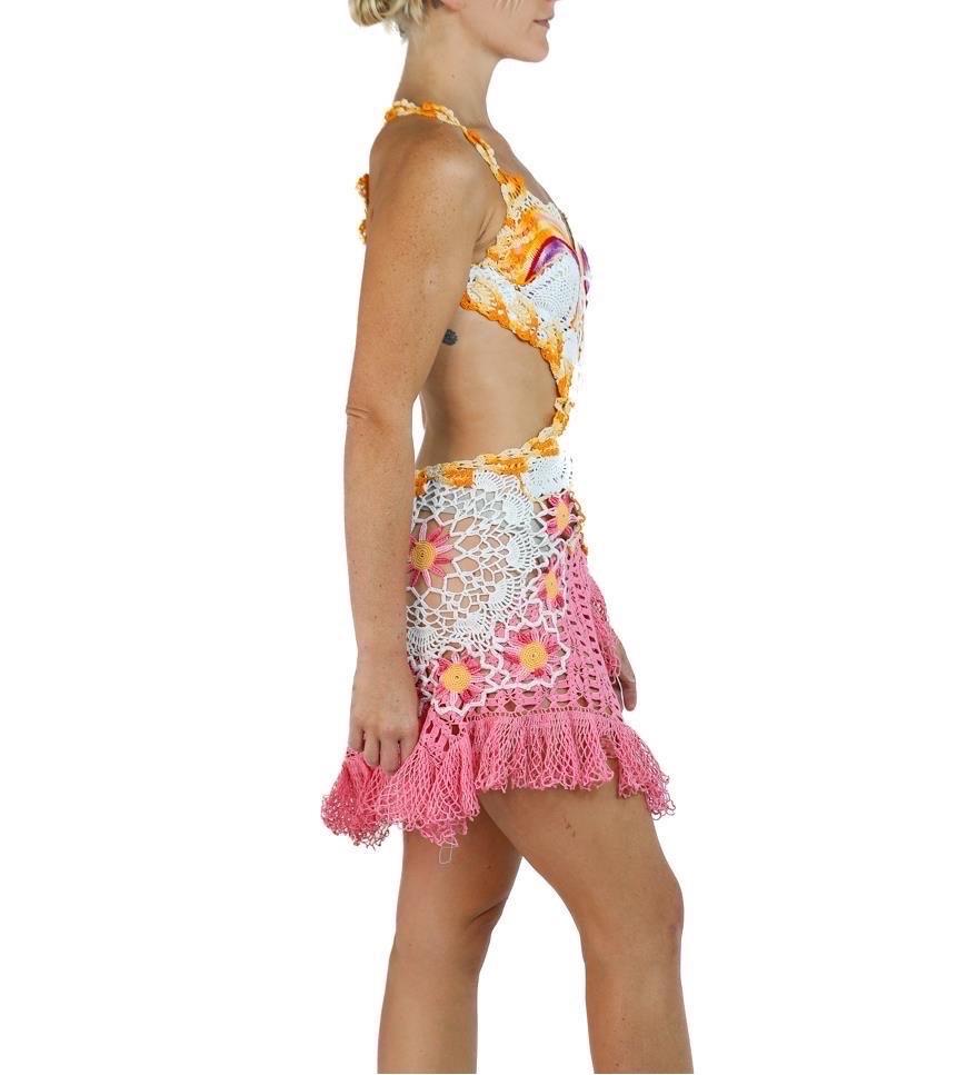 Morphew Collection Orange & Pink Cotton Crochet Lace Mini Dress In Excellent Condition For Sale In New York, NY