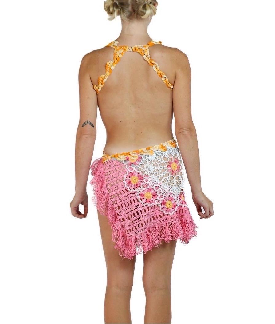 Morphew Collection Orange & Pink Cotton Crochet Lace Mini Dress For Sale 1
