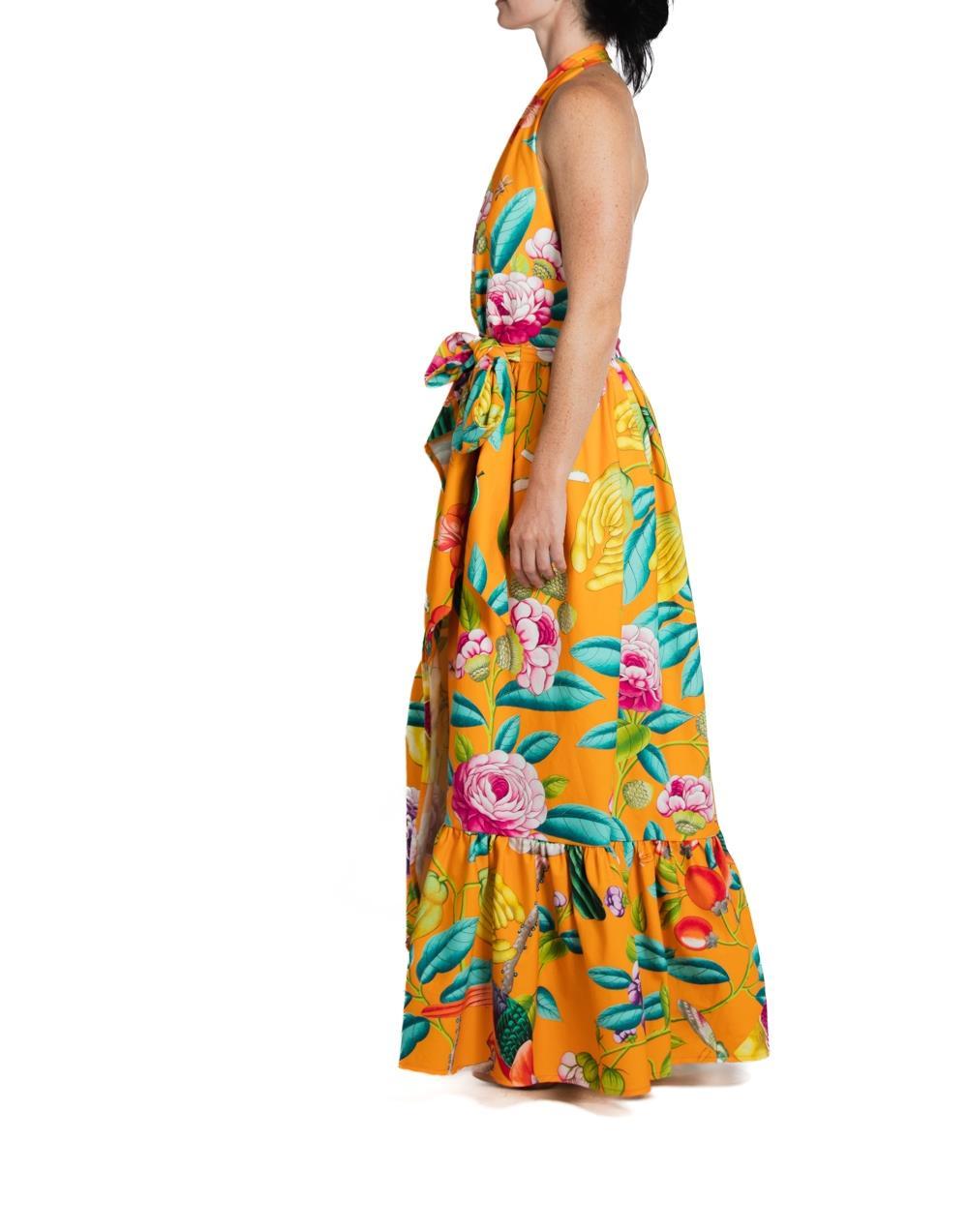 Morphew Collection Orange & Pink Cotton Tropical Gown In Excellent Condition For Sale In New York, NY
