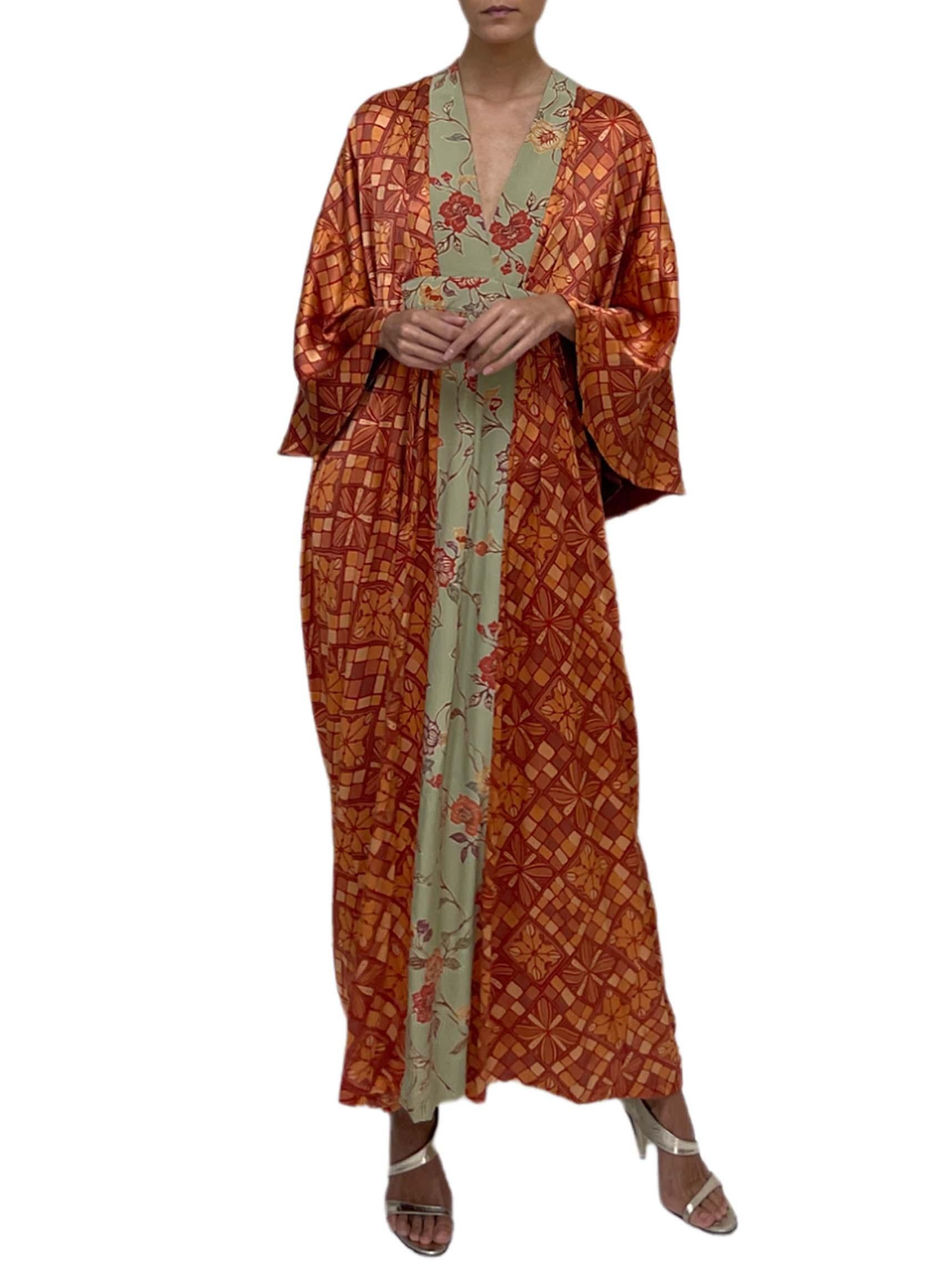 MORPHEW COLLECTION Orange & Sage Geometric, Floral Japanese Kimono Silk Kaftan For Sale 1