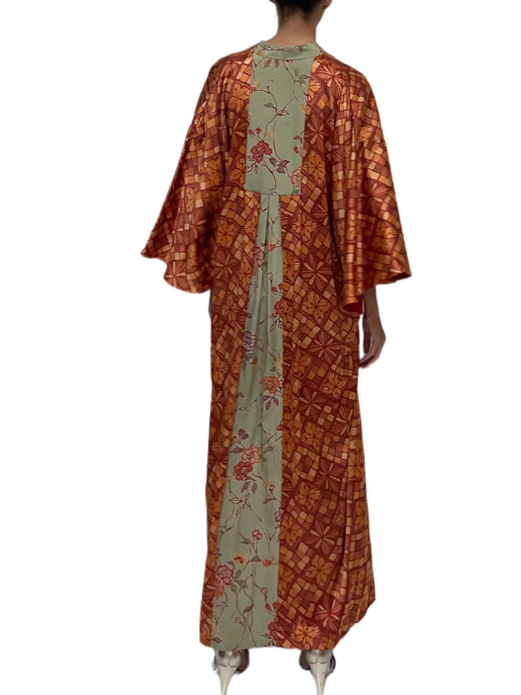 MORPHEW COLLECTION Orange & Sage Geometric, Floral Japanese Kimono Silk Kaftan For Sale 3