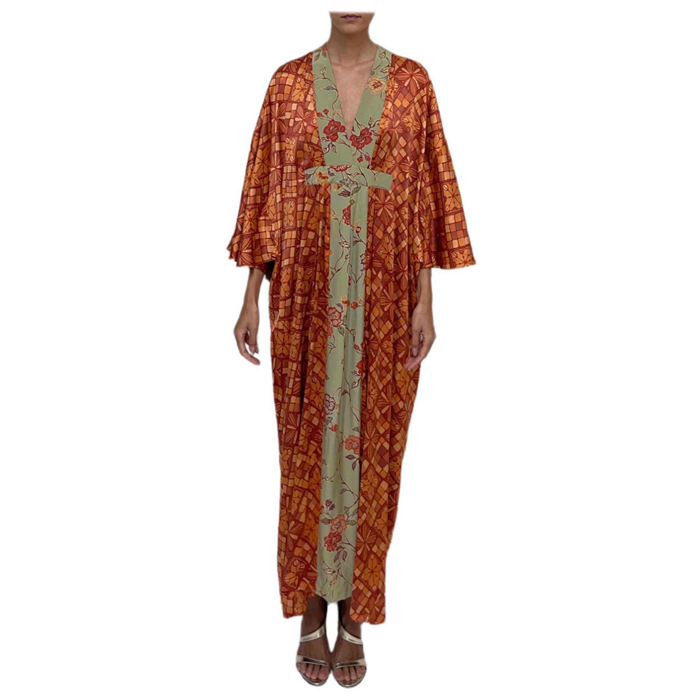 MC Orange & Sage Geometric, Floral Japanese Kimono Silk Kaftan