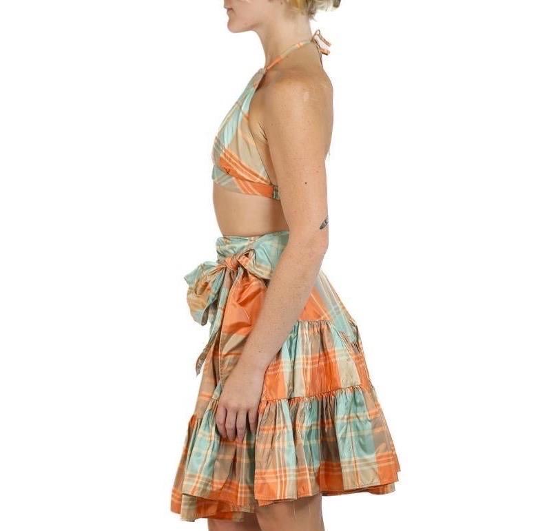 Morphew Collection Orange & Teal Silk Taffeta Plaid Halter Top In Excellent Condition For Sale In New York, NY