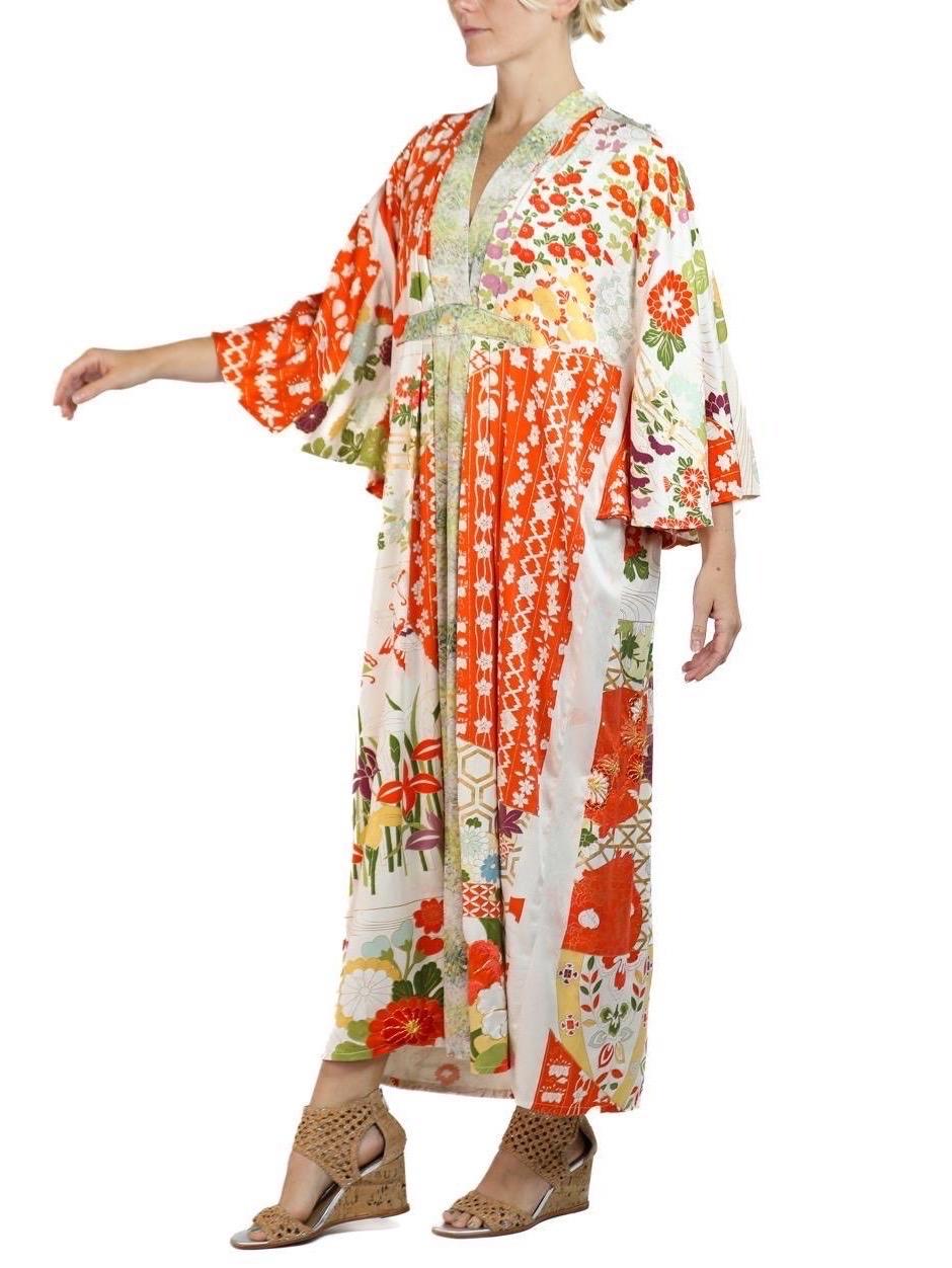 Women's Morphew Collection Orange, White & Green Japanese Kimono Silk Kaftan For Sale