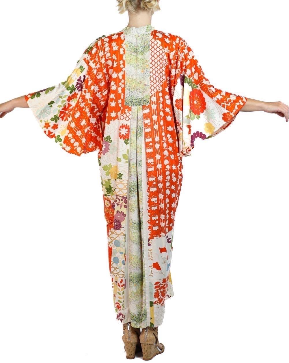Morphew Collection Orange, White & Green Japanese Kimono Silk Kaftan For Sale 1