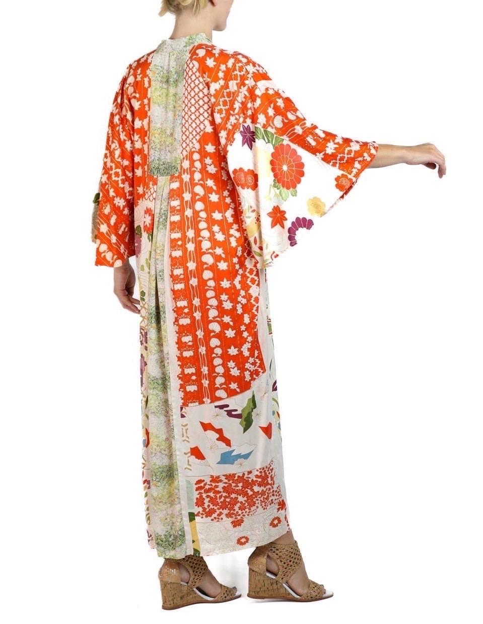 Morphew Collection Orange, White & Green Japanese Kimono Silk Kaftan For Sale 2
