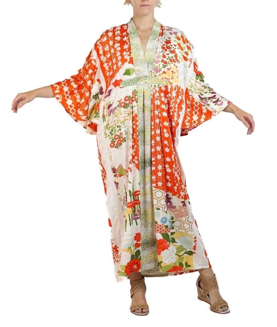 Morphew Collection Orange, White & Green Japanese Kimono Silk Kaftan For Sale 3