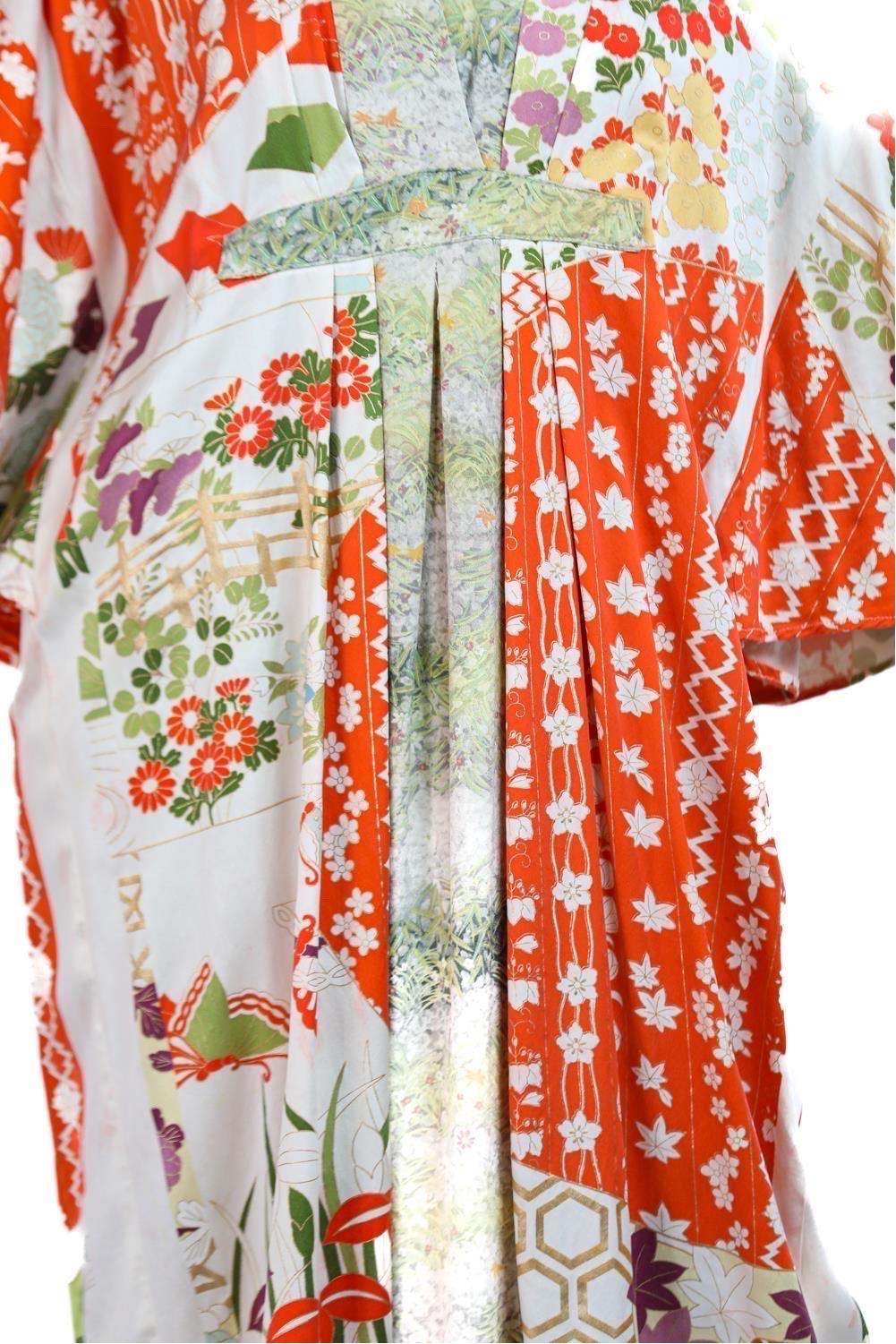 Morphew Collection Orange, White & Green Japanese Kimono Silk Kaftan For Sale 4
