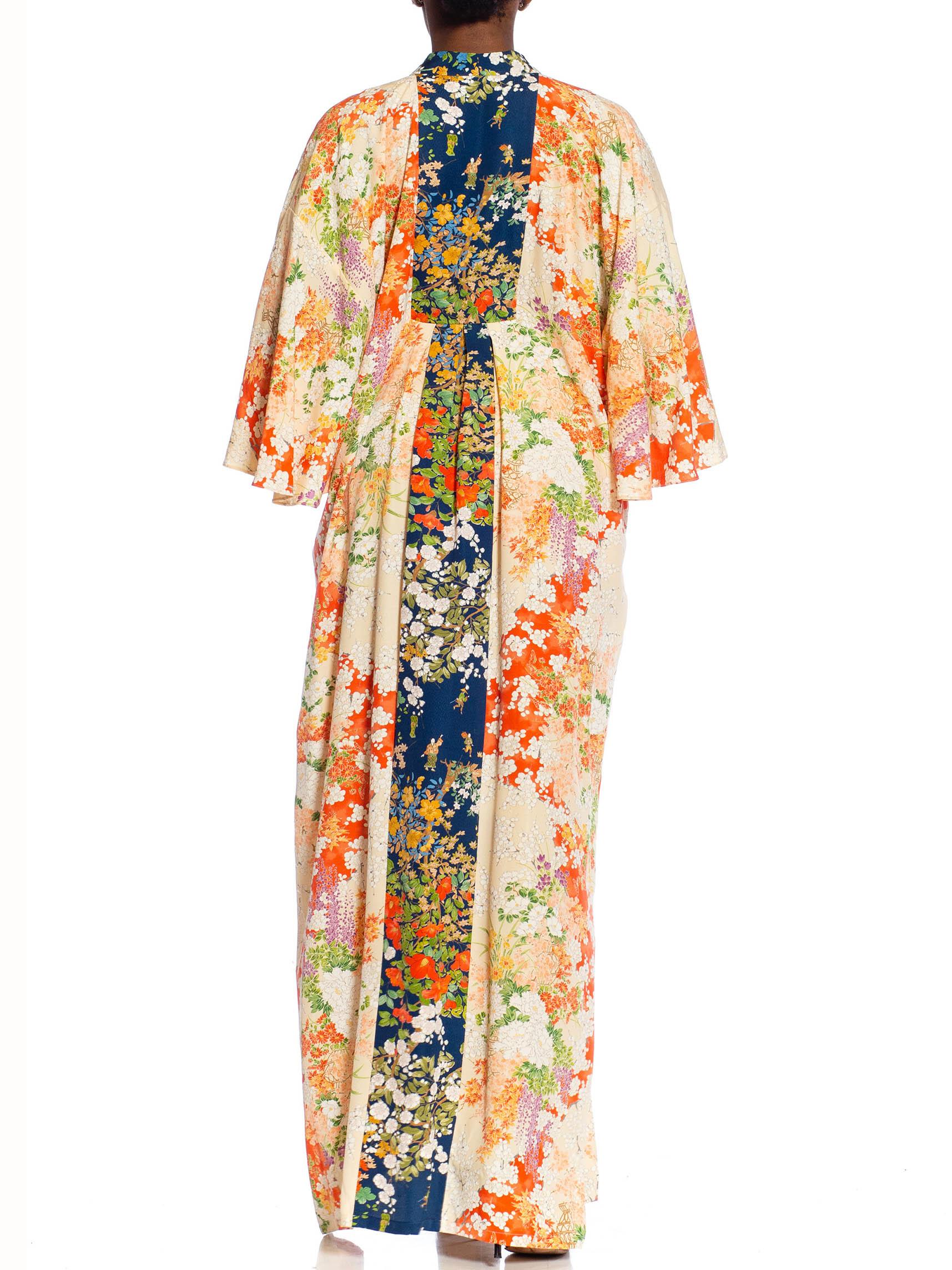 MORPHEW COLLECTION Orange & White Japanese Kimono Silk Floral Kaftan With Dark  For Sale 5
