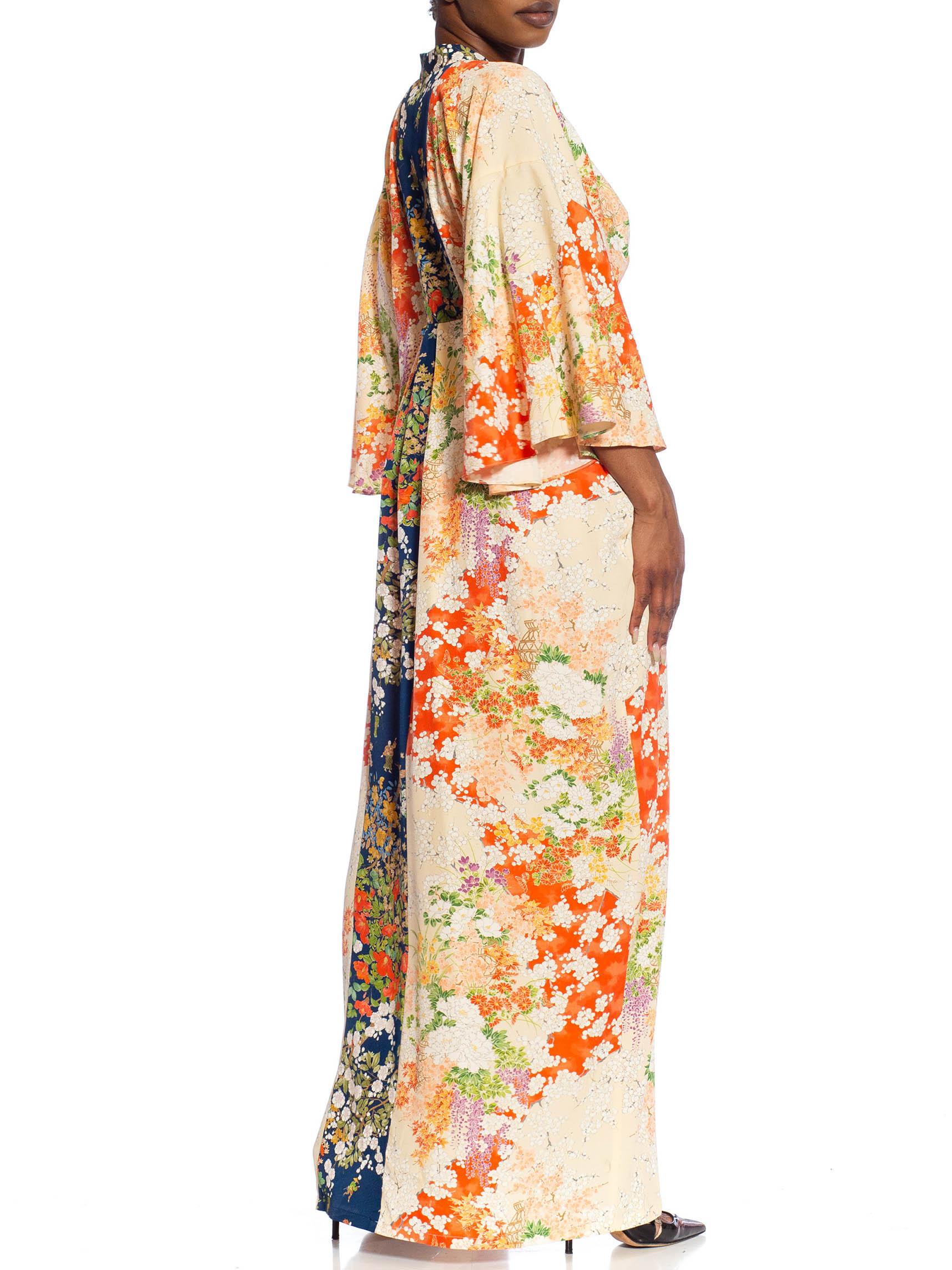 Beige MORPHEW COLLECTION Orange & White Japanese Kimono Silk Floral Kaftan With Dark  For Sale