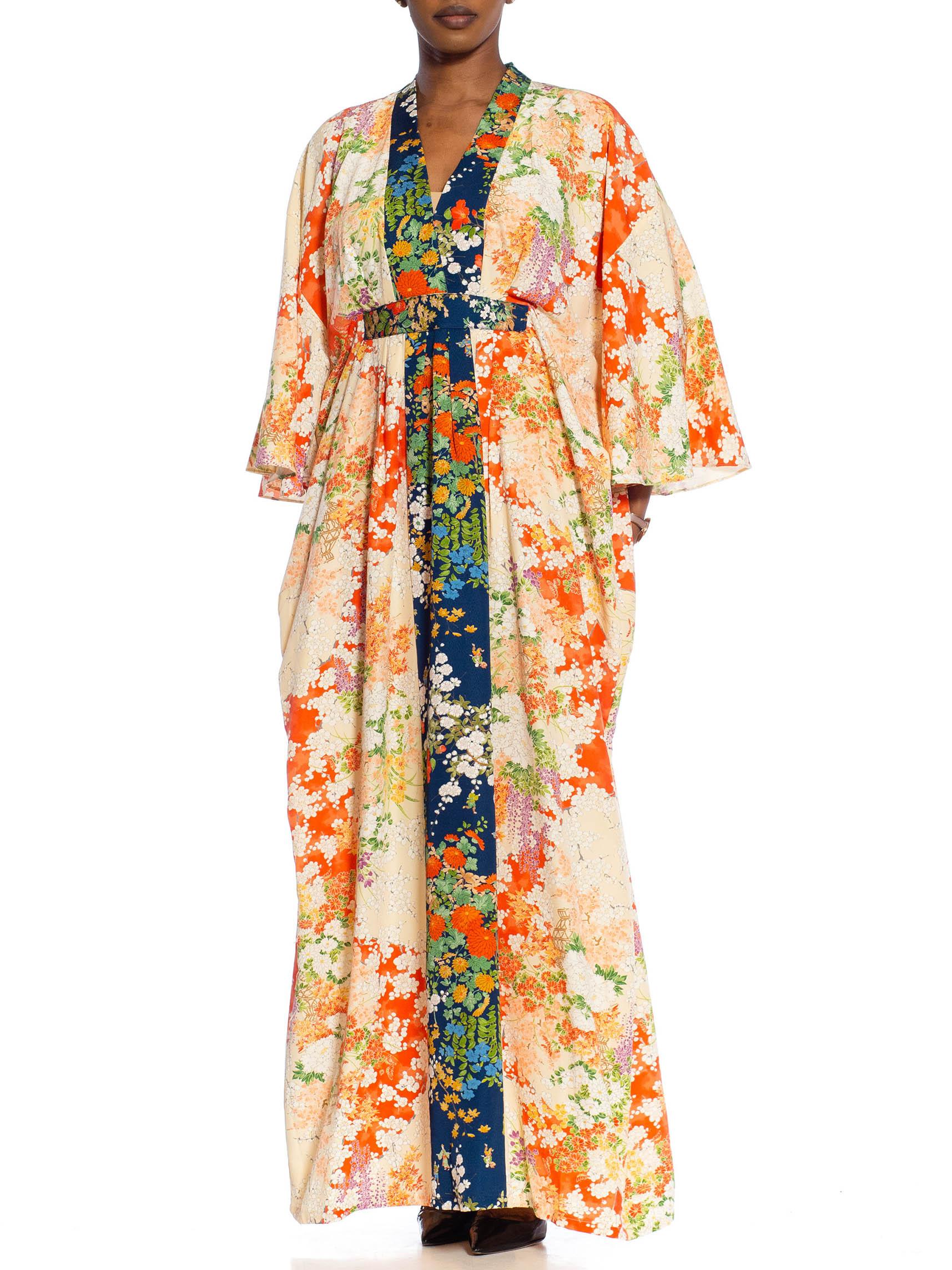 MORPHEW COLLECTION Orange & White Japanese Kimono Silk Floral Kaftan With Dark  In Excellent Condition For Sale In New York, NY