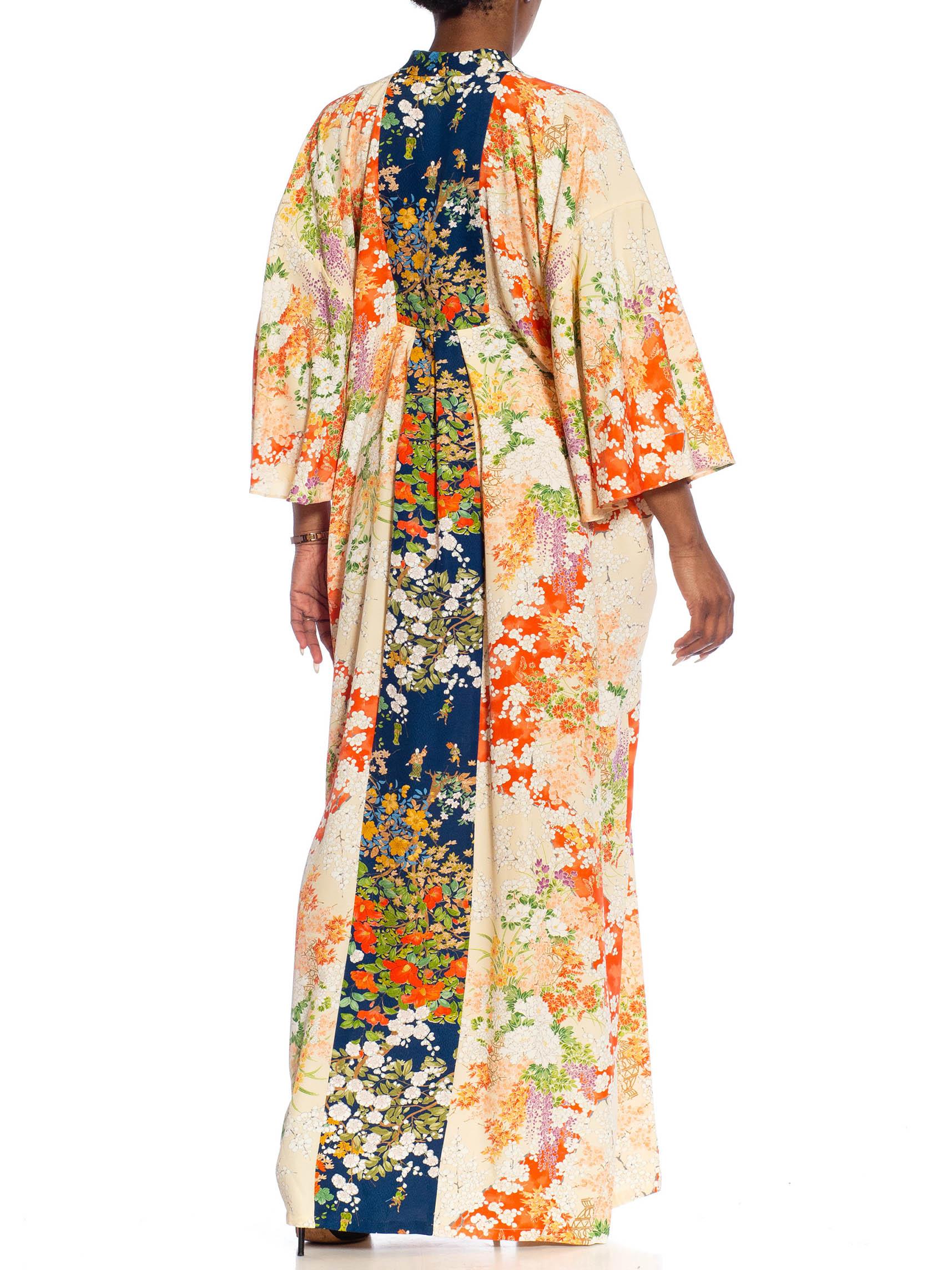 Women's MORPHEW COLLECTION Orange & White Japanese Kimono Silk Floral Kaftan With Dark  For Sale