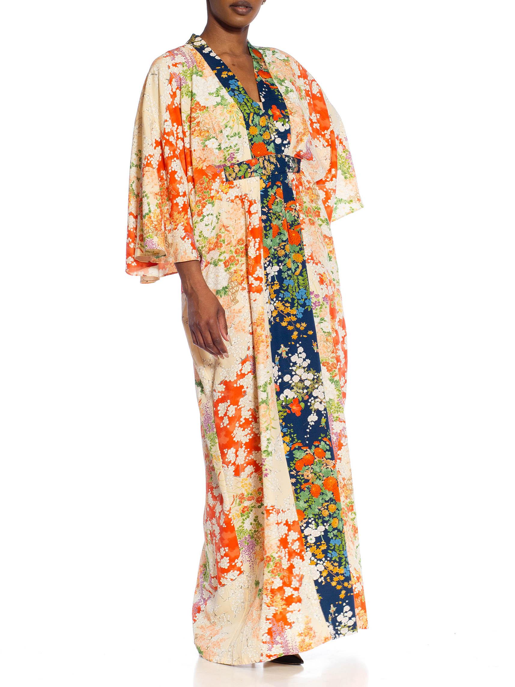 MORPHEW COLLECTION Orange & White Japanese Kimono Silk Floral Kaftan With Dark  For Sale 1