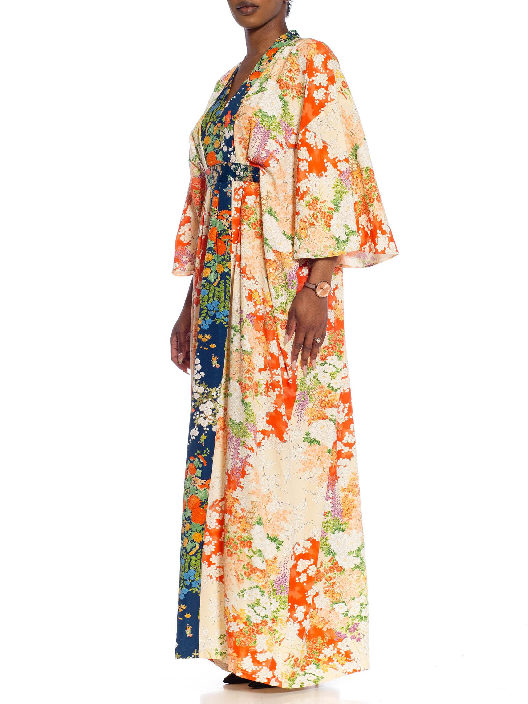MORPHEW COLLECTION Orange & White Japanese Kimono Silk Floral Kaftan With Dark  For Sale 2