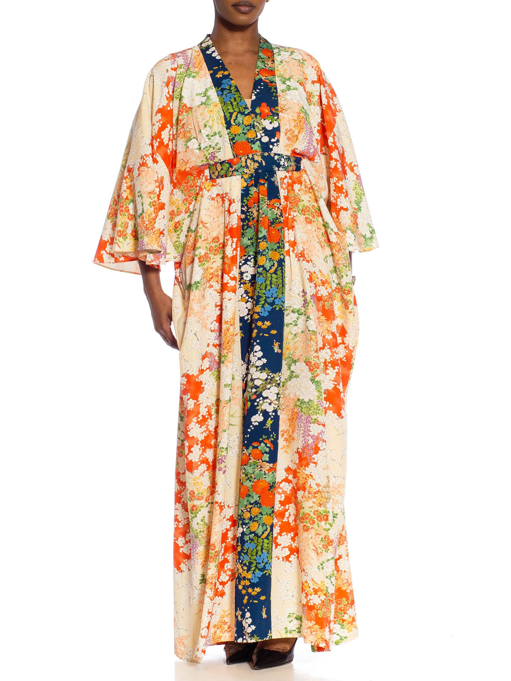 MORPHEW COLLECTION Orange & White Japanese Kimono Silk Floral Kaftan With Dark  For Sale 3