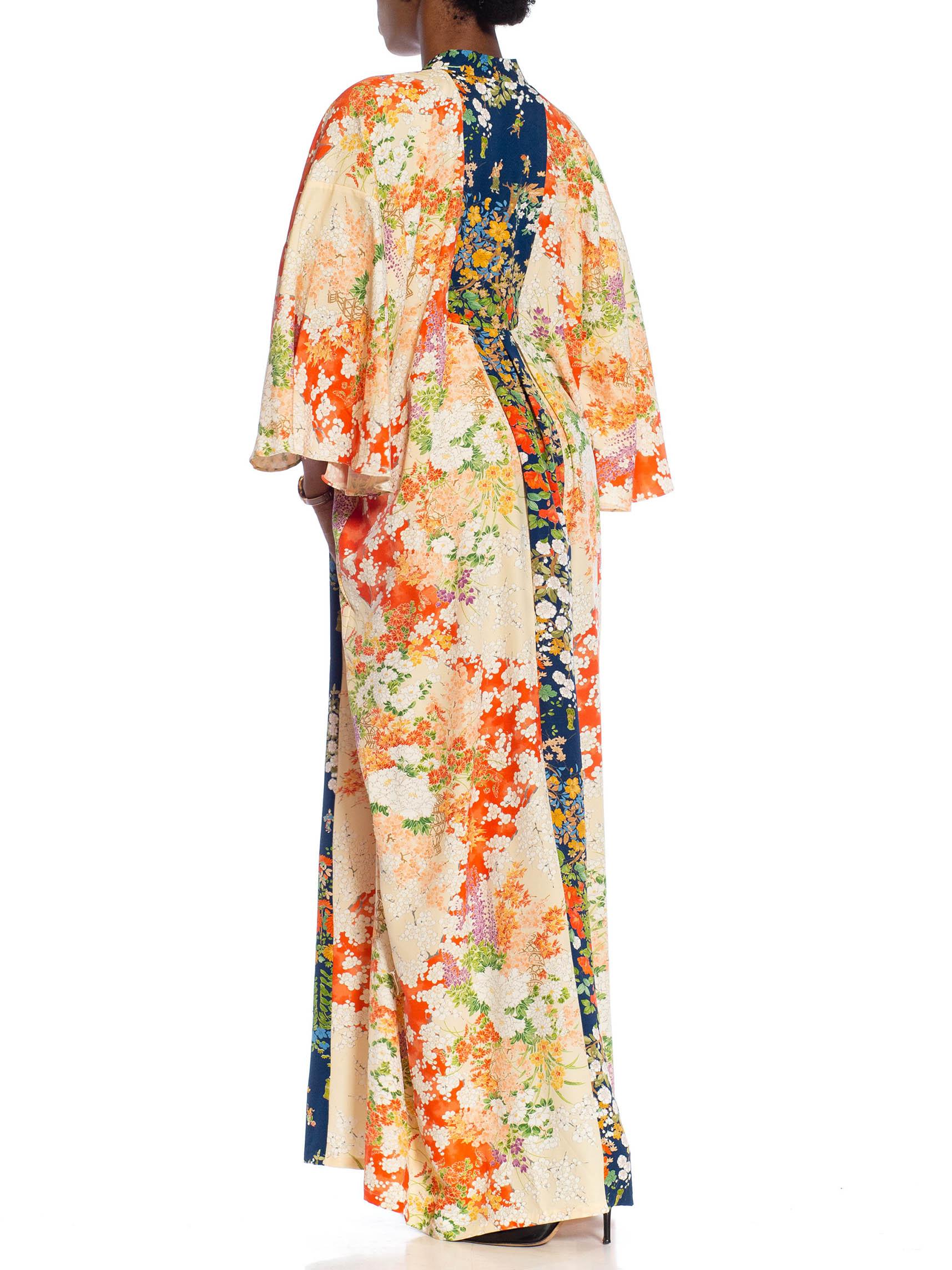 MORPHEW COLLECTION Orange & White Japanese Kimono Silk Floral Kaftan With Dark  For Sale 4