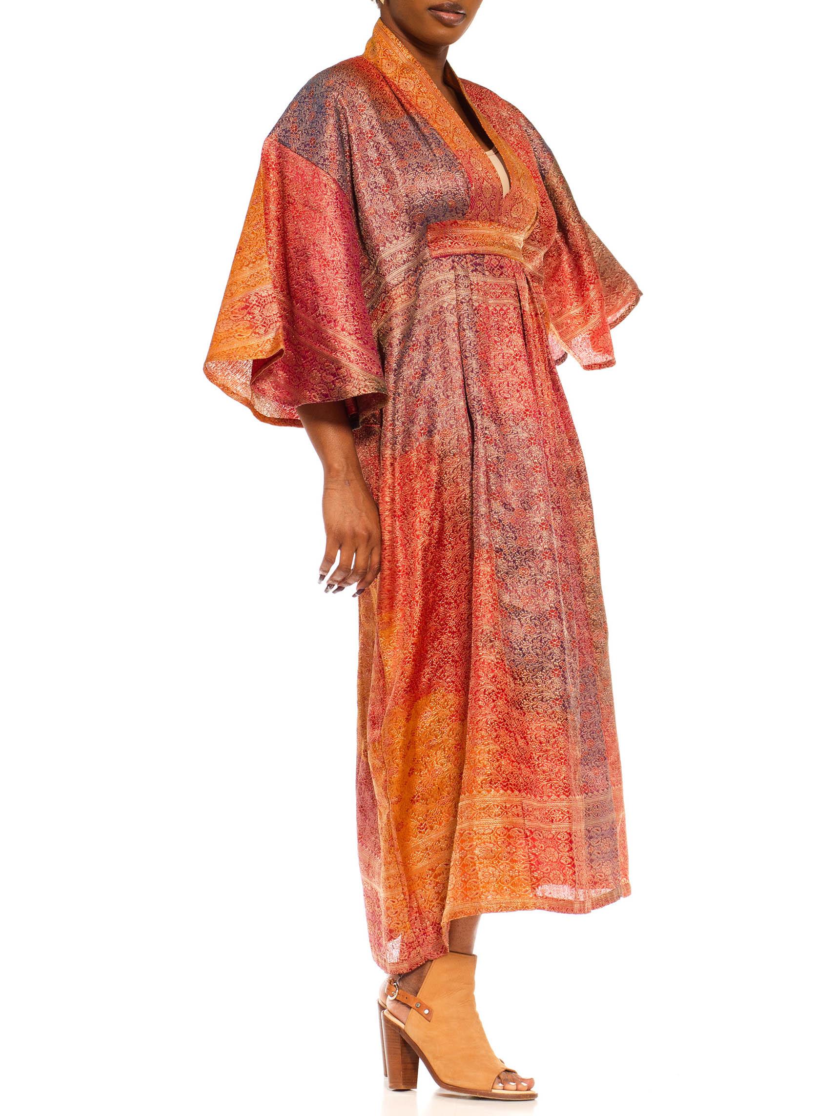 Morphew Collection Orange & Yellow Multicolor Metallic Gold Silk Kaftan Made Fr In Excellent Condition For Sale In New York, NY
