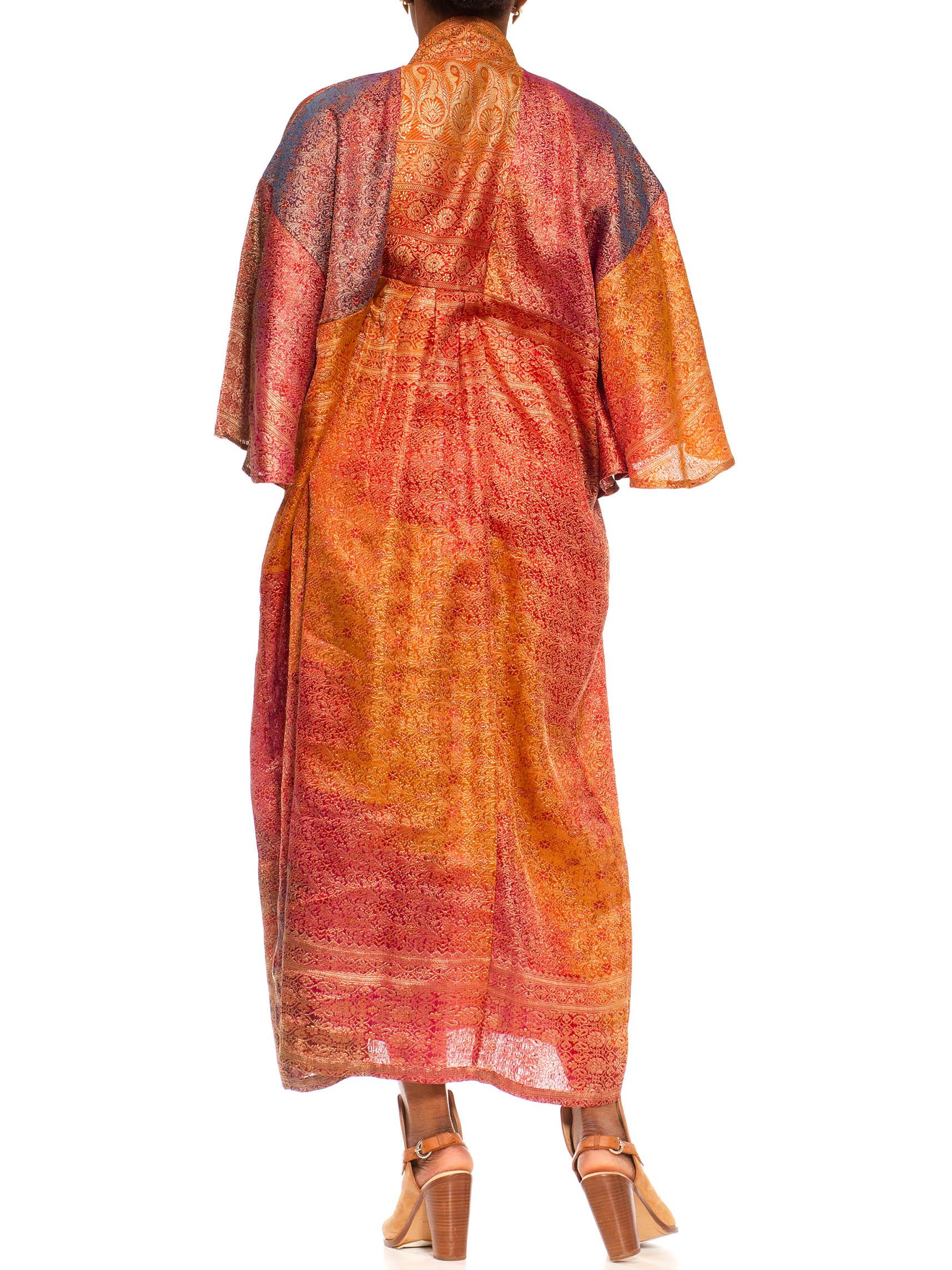 Morphew Collection Orange & Yellow Multicolor Metallic Gold Silk Kaftan Made Fr For Sale 1