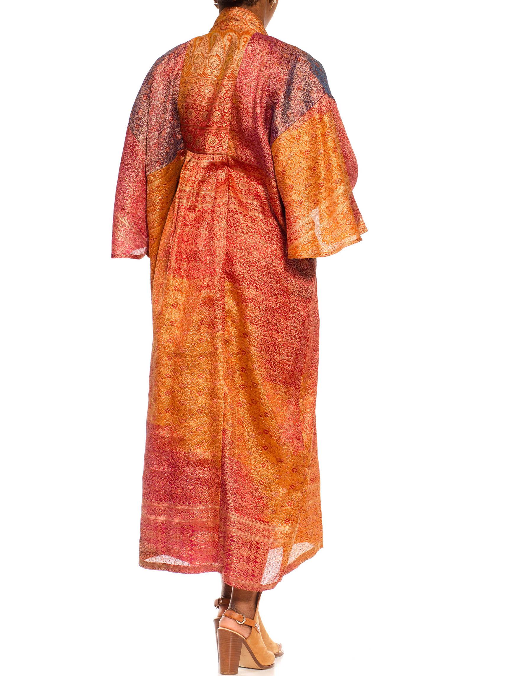 Morphew Collection Orange & Yellow Multicolor Metallic Gold Silk Kaftan Made Fr For Sale 3