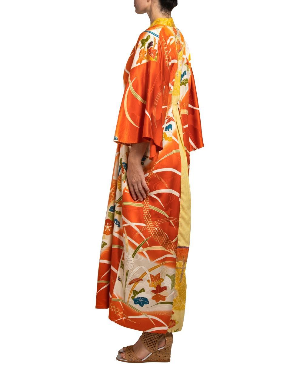 MORPHEW COLLECTION Orange & Yellow Silk Kaftan With Metallic Gold Painted Detai In Excellent Condition For Sale In New York, NY