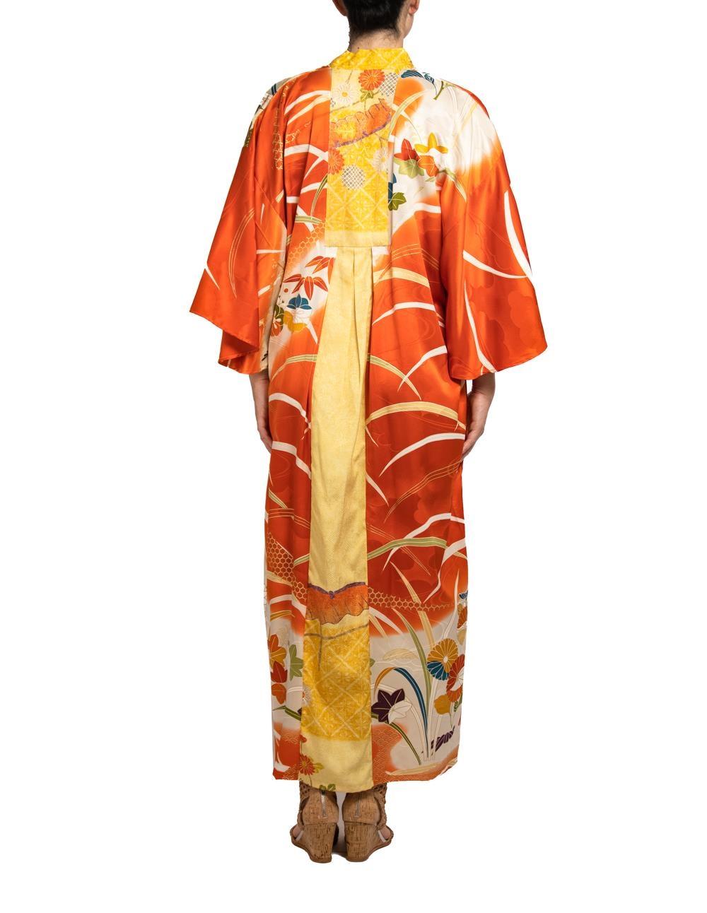 Women's MORPHEW COLLECTION Orange & Yellow Silk Kaftan With Metallic Gold Painted Detai For Sale
