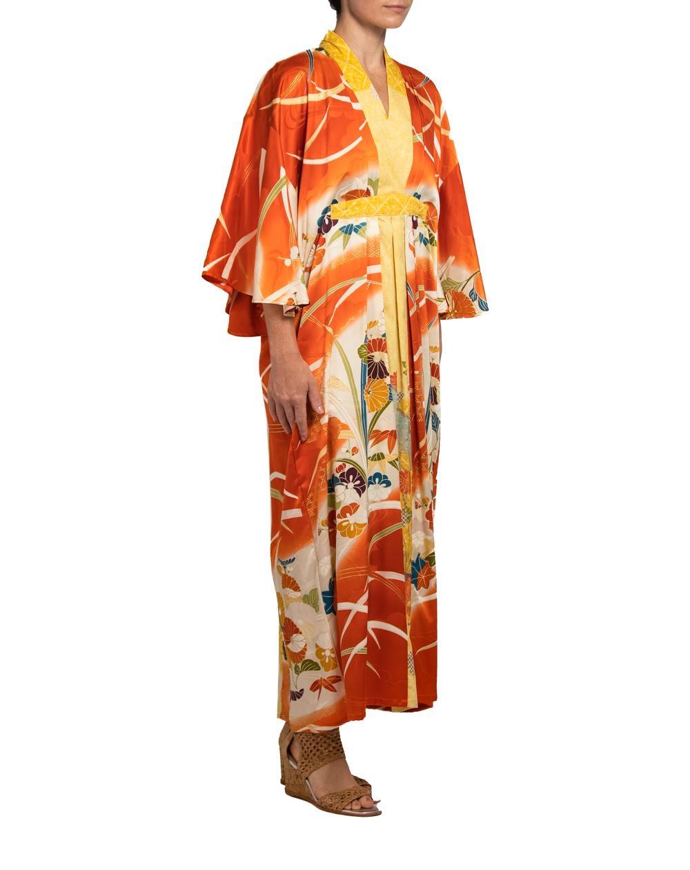 MORPHEW COLLECTION Orange & Yellow Silk Kaftan With Metallic Gold Painted Detai For Sale 1