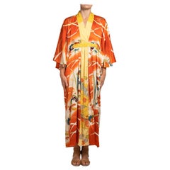MORPHEW COLLECTION Orange & Yellow Silk Kaftan With Metallic Gold Painted Detai