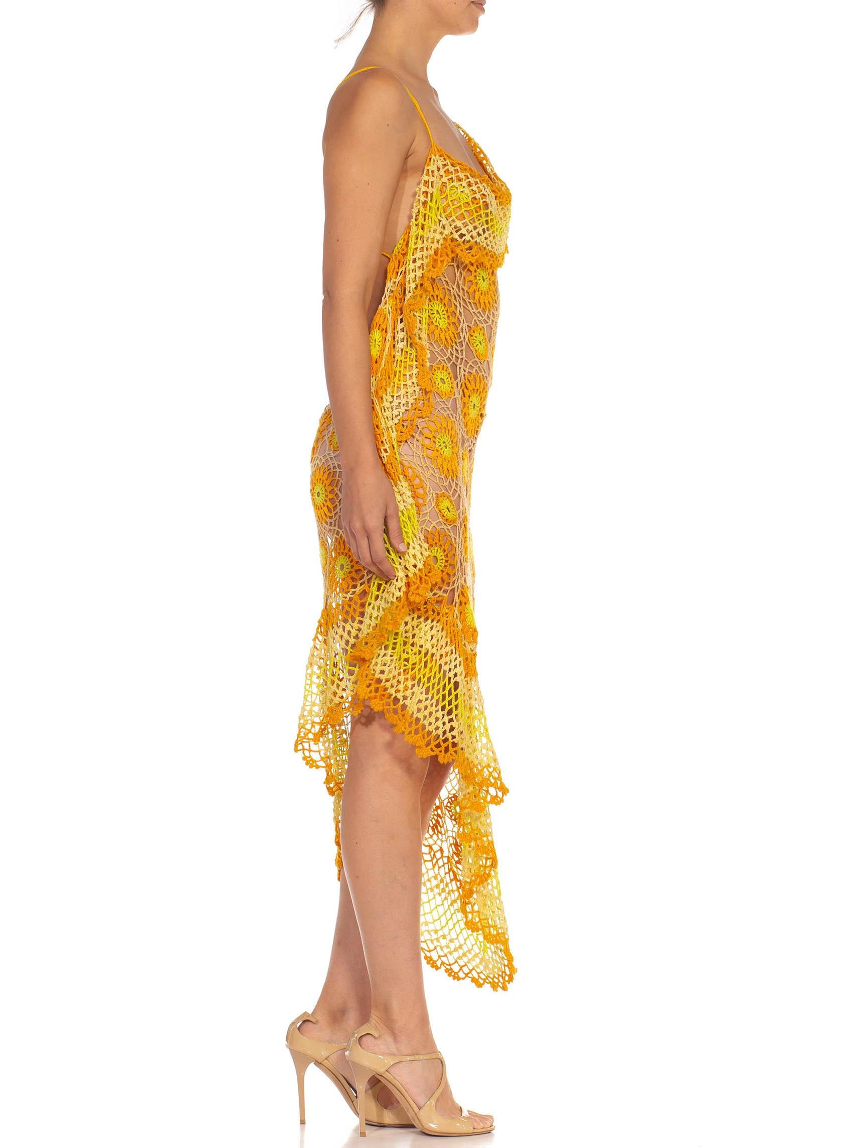 Morphew Collection Orange Yellow & White Cotton Floral Crochet Sexy Dress In Excellent Condition In New York, NY