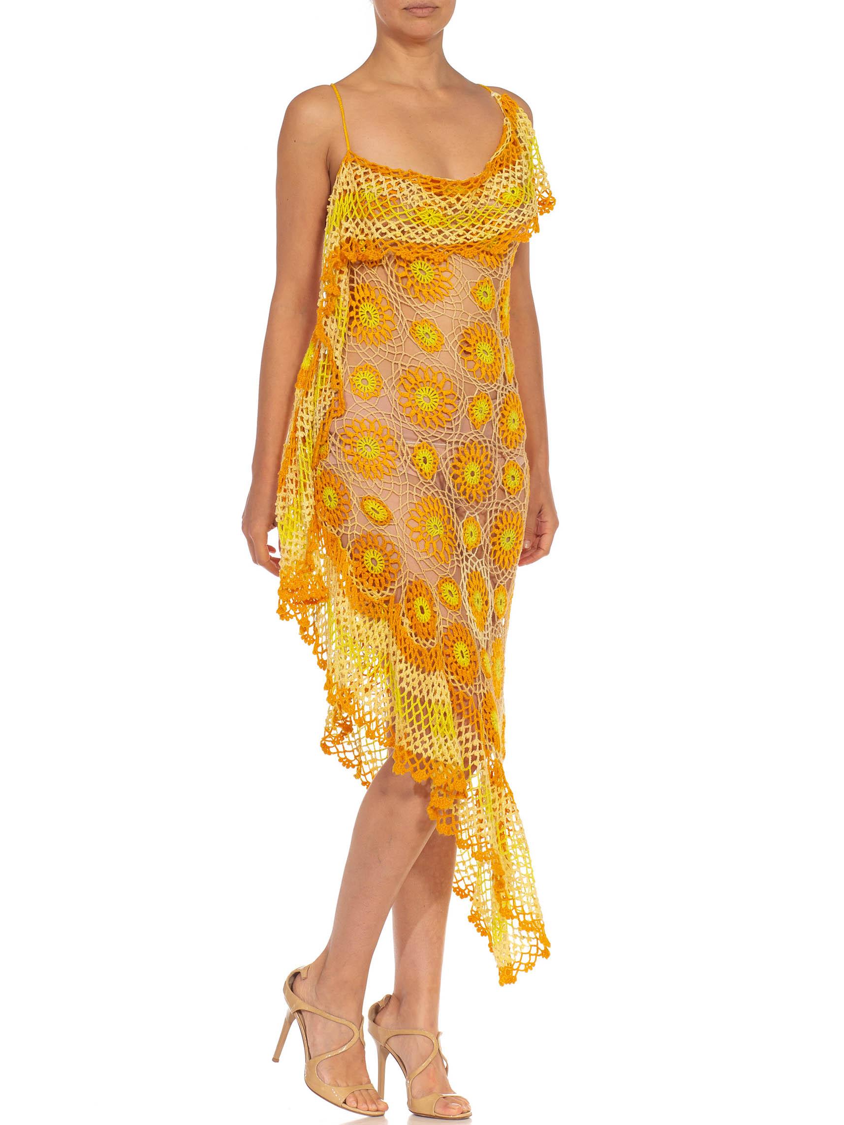 Women's Morphew Collection Orange Yellow & White Cotton Floral Crochet Sexy Dress
