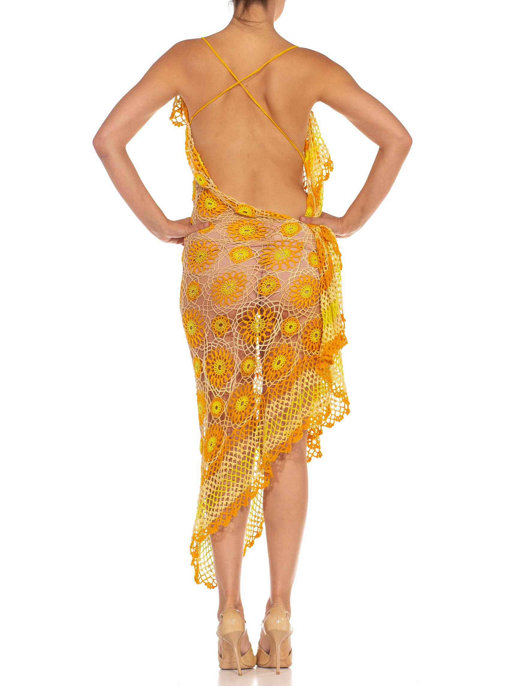 Morphew Collection Orange Yellow & White Cotton Floral Crochet Sexy Dress 2