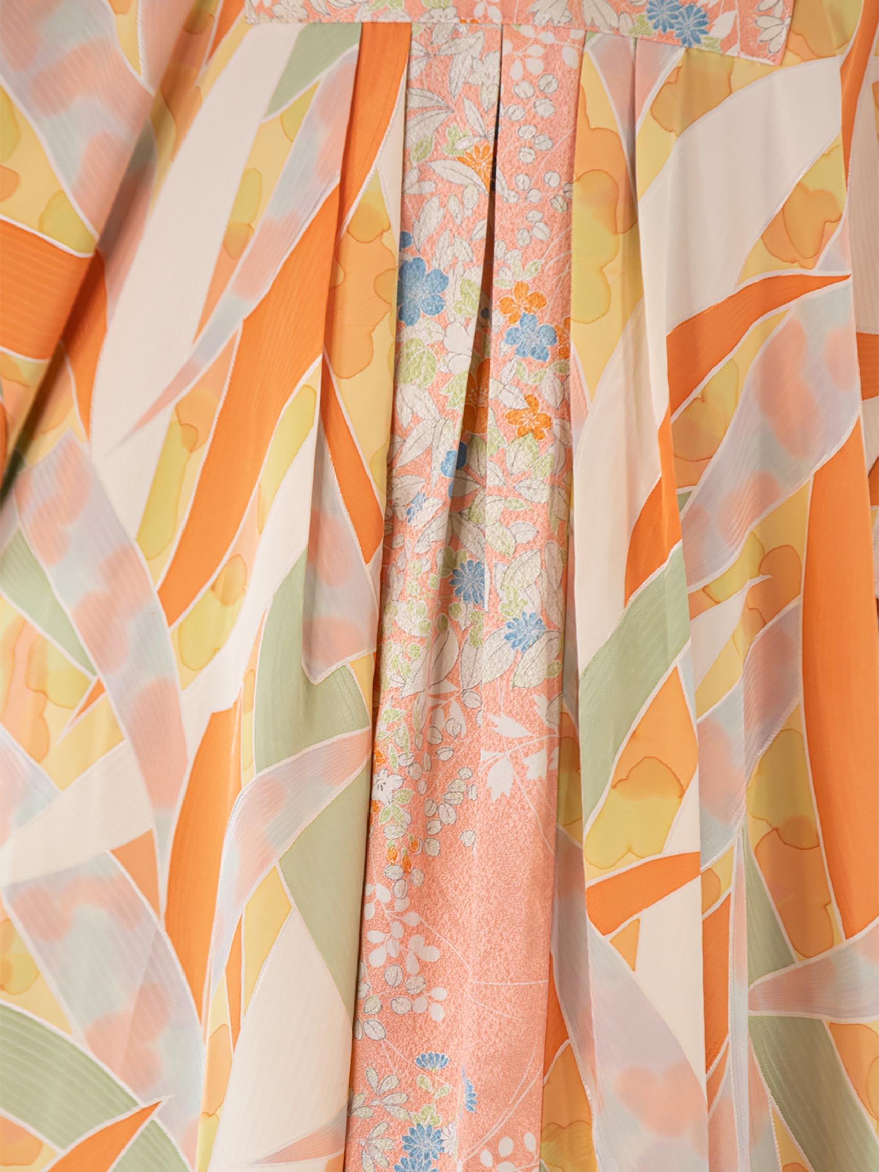 MORPHEW COLLECTION Peach Floral & Freestyle Painting Japanese Kimono Silk Kaftan 6