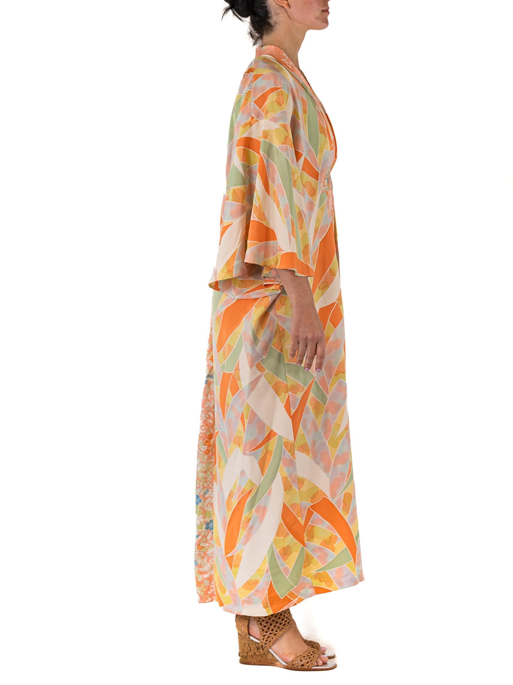 MORPHEW COLLECTION Peach Floral & Freestyle Painting Japanese Kimono Silk Kaftan In New Condition In New York, NY