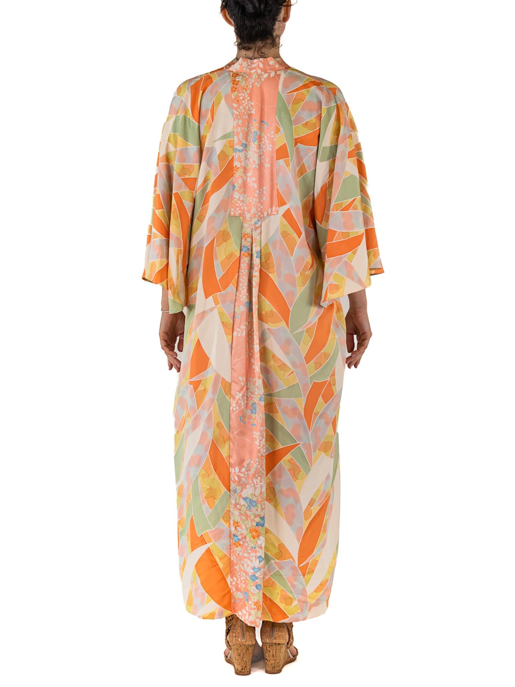 MORPHEW COLLECTION Peach Floral & Freestyle Painting Japanese Kimono Silk Kaftan 2