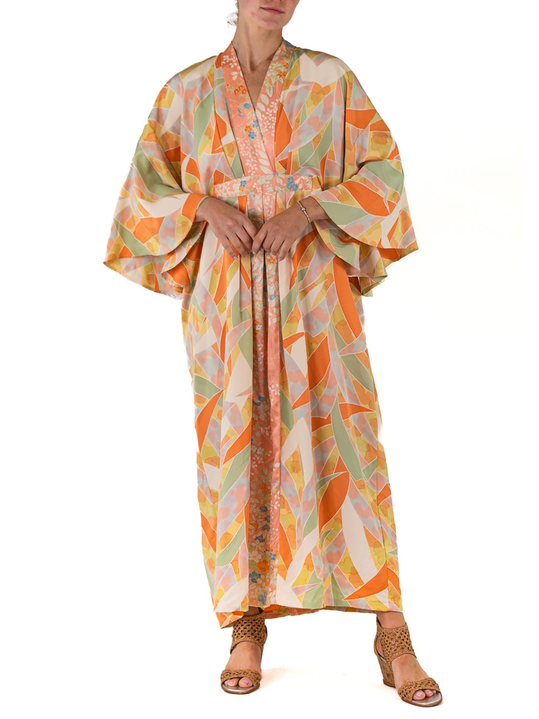 MORPHEW COLLECTION Peach Floral & Freestyle Painting Japanese Kimono Silk Kaftan 3