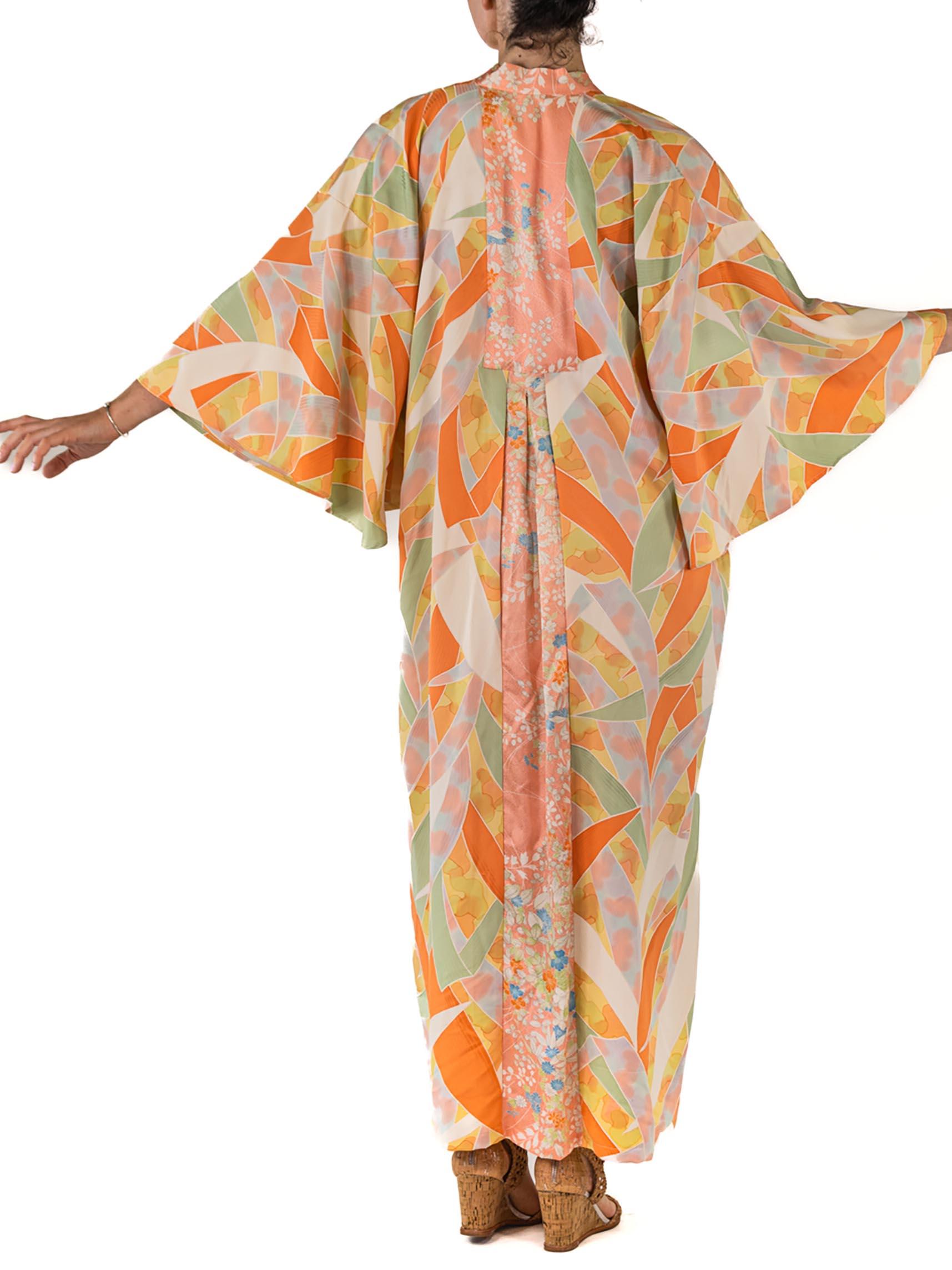 MORPHEW COLLECTION Peach Floral & Freestyle Painting Japanese Kimono Silk Kaftan 4