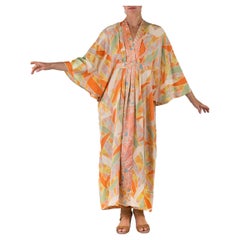 MORPHEW COLLECTION Peach Floral & Freestyle Painting Japanese Kimono Silk Kaftan