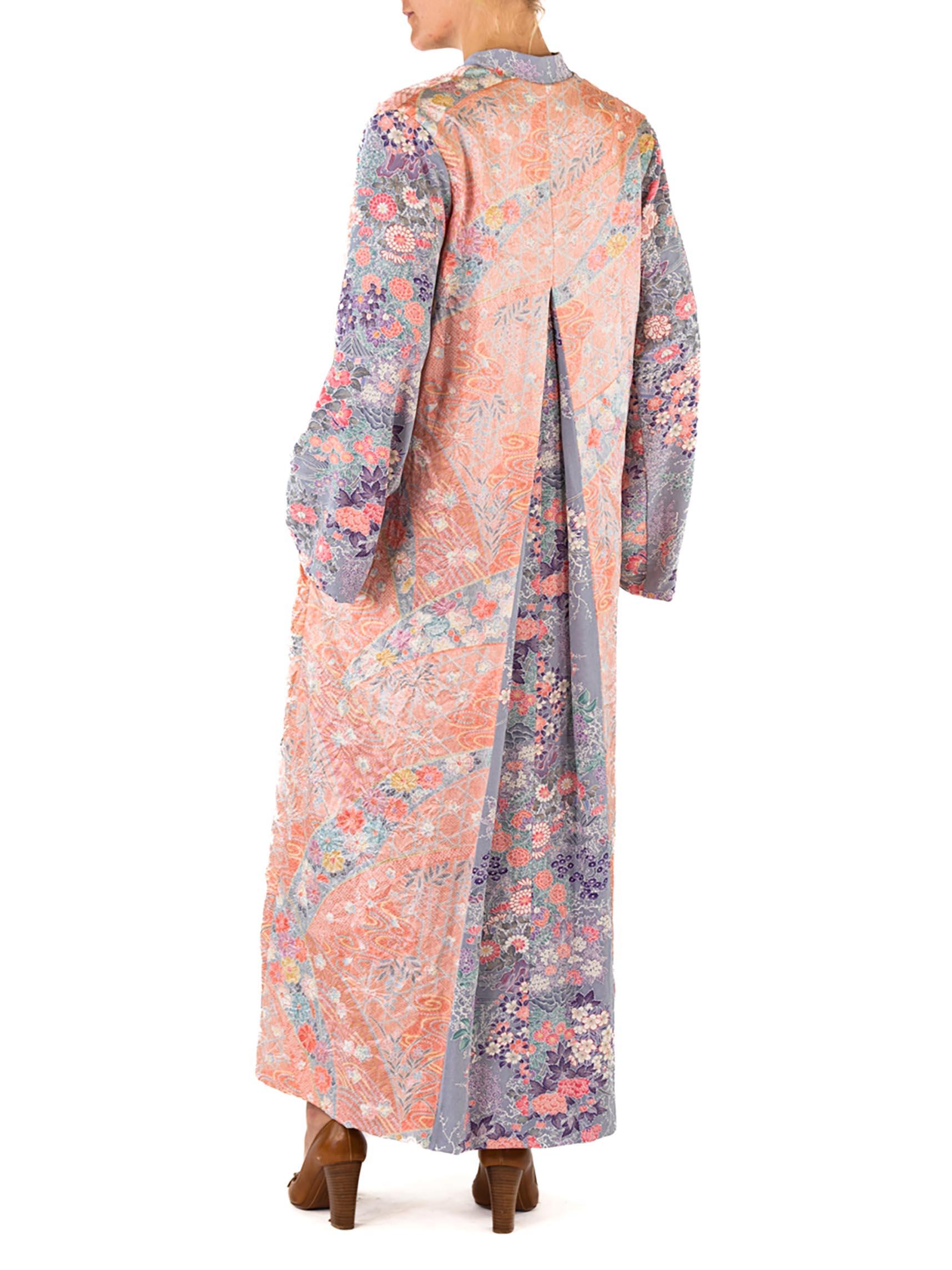 Women's MORPHEW COLLECTION Peach Japanese Kimono Silk Blue Sleeves Duster