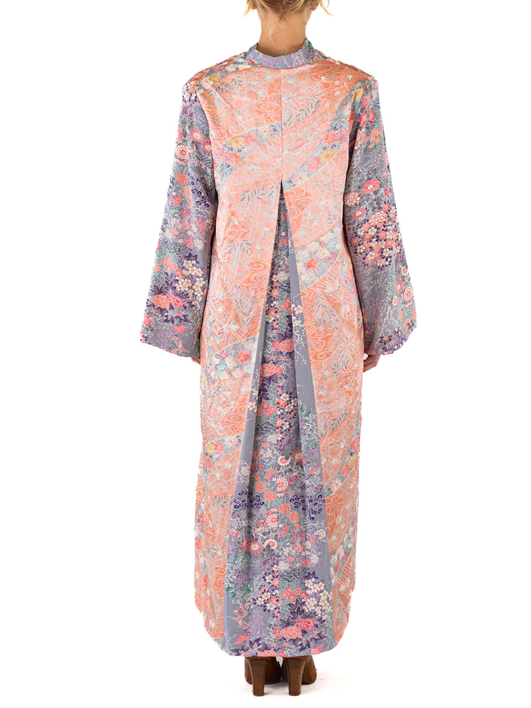 MORPHEW COLLECTION Peach Japanese Kimono Silk Blue Sleeves Duster 1