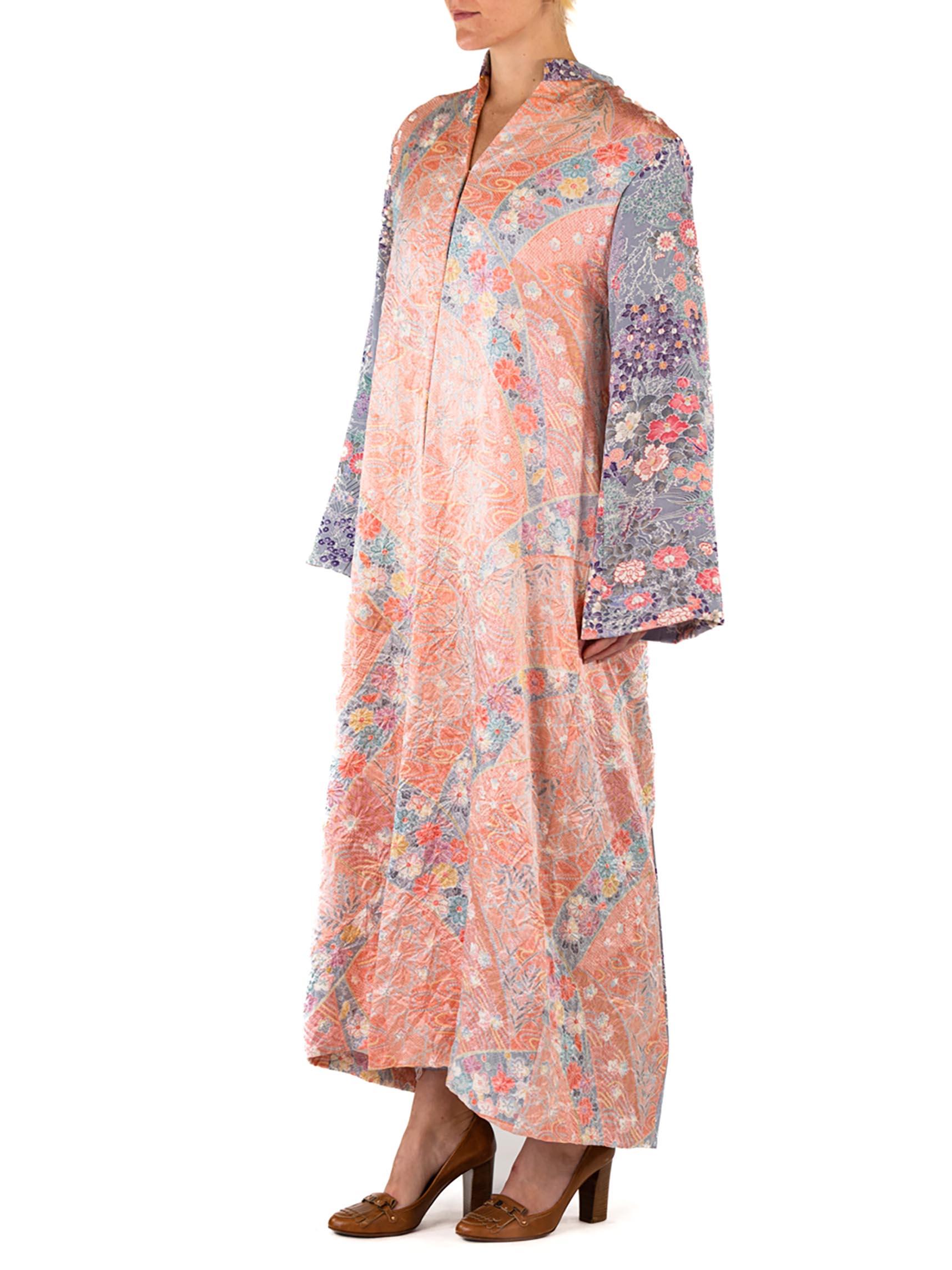 MORPHEW COLLECTION Peach Japanese Kimono Silk Blue Sleeves Duster 2