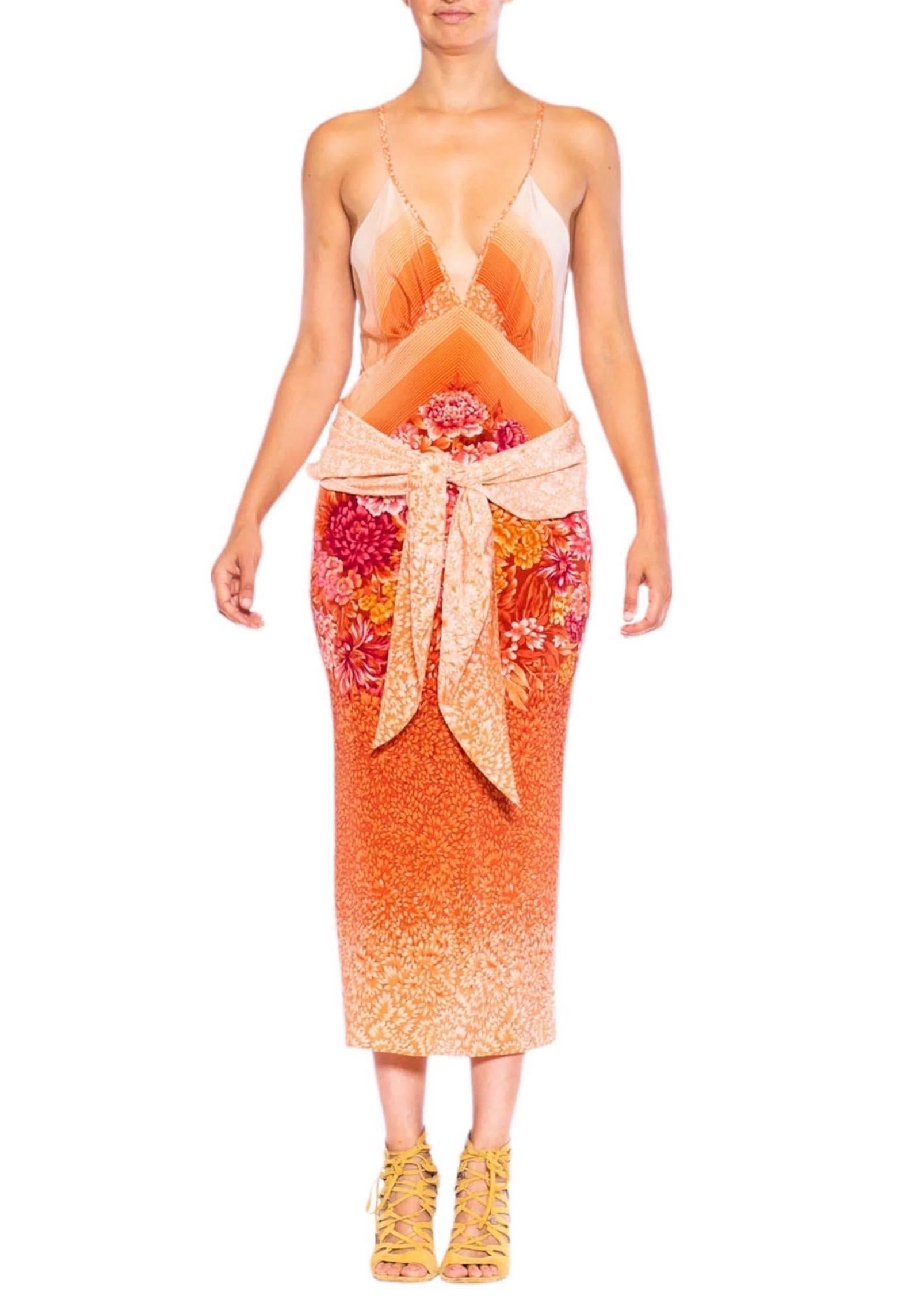 MORPHEW COLLECTION Peach & Pink Silk Floral Sagittarius One Scarf Dress Made Fr For Sale 1