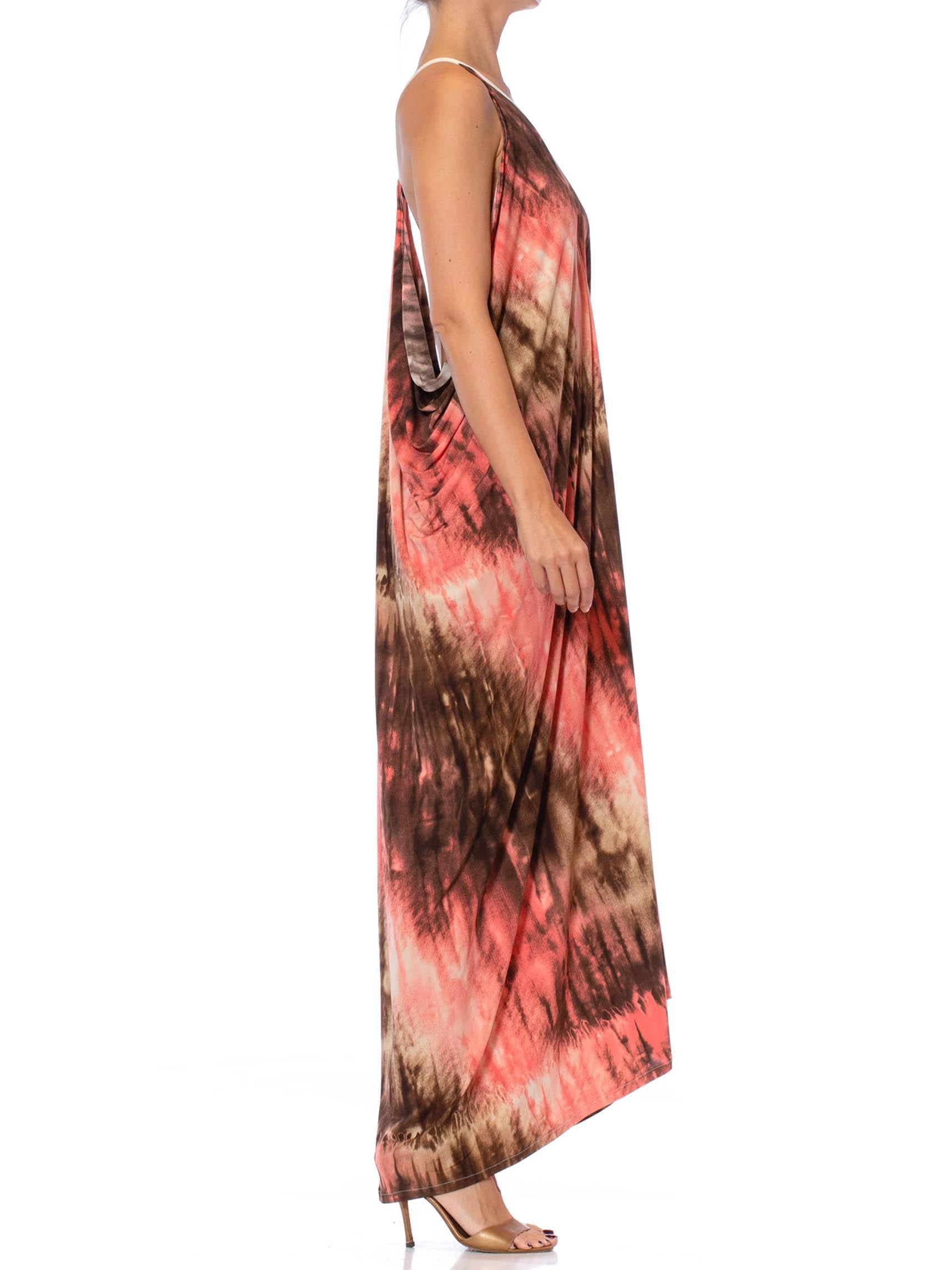 Brown MORPHEW COLLECTION Peach Tie Dyed Poly Blend Jersey Slinky Dye Print Beach Dress For Sale
