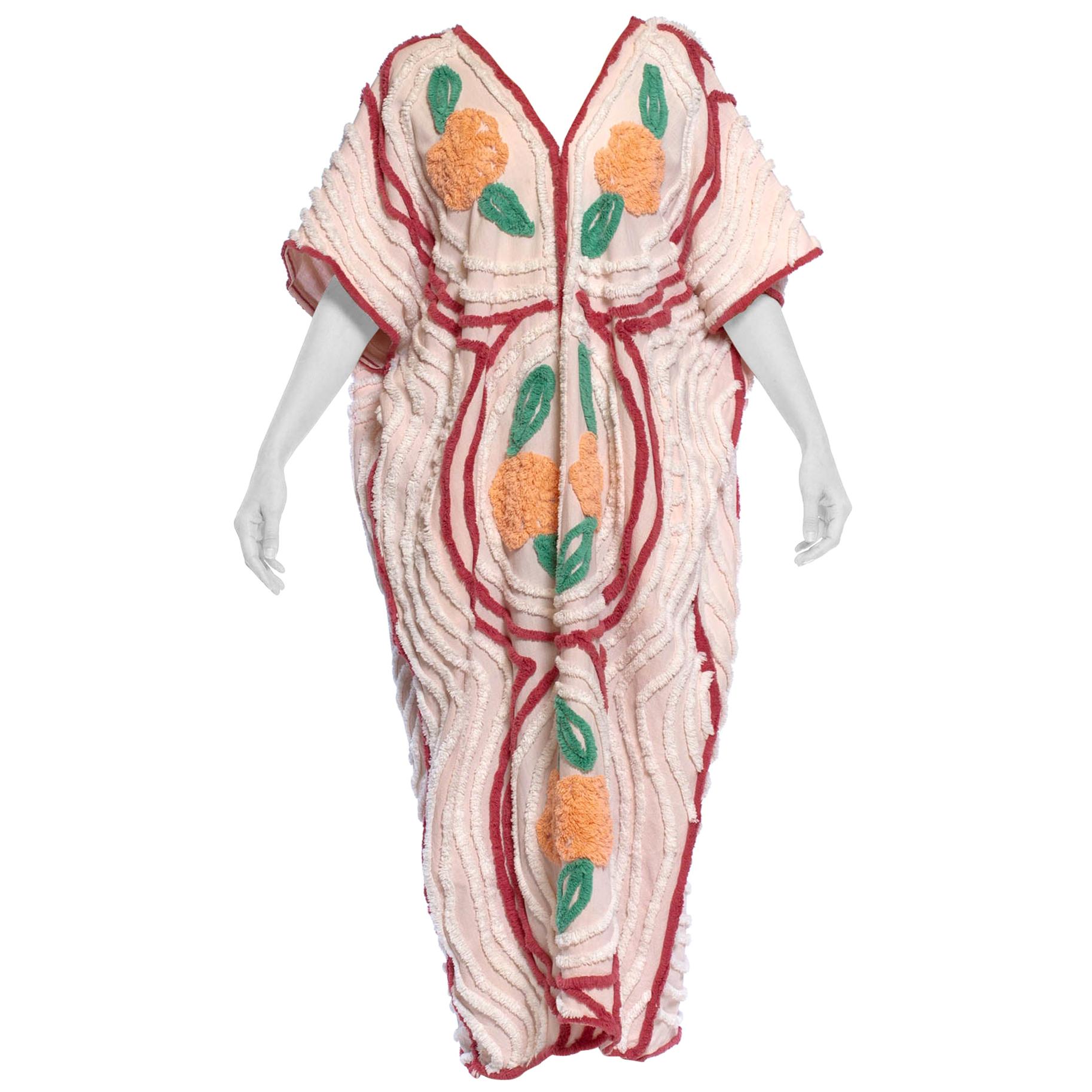 MORPHEW COLLECTION Peach 
White Cotton Chenille Cocoon Beach Coat With Flowers