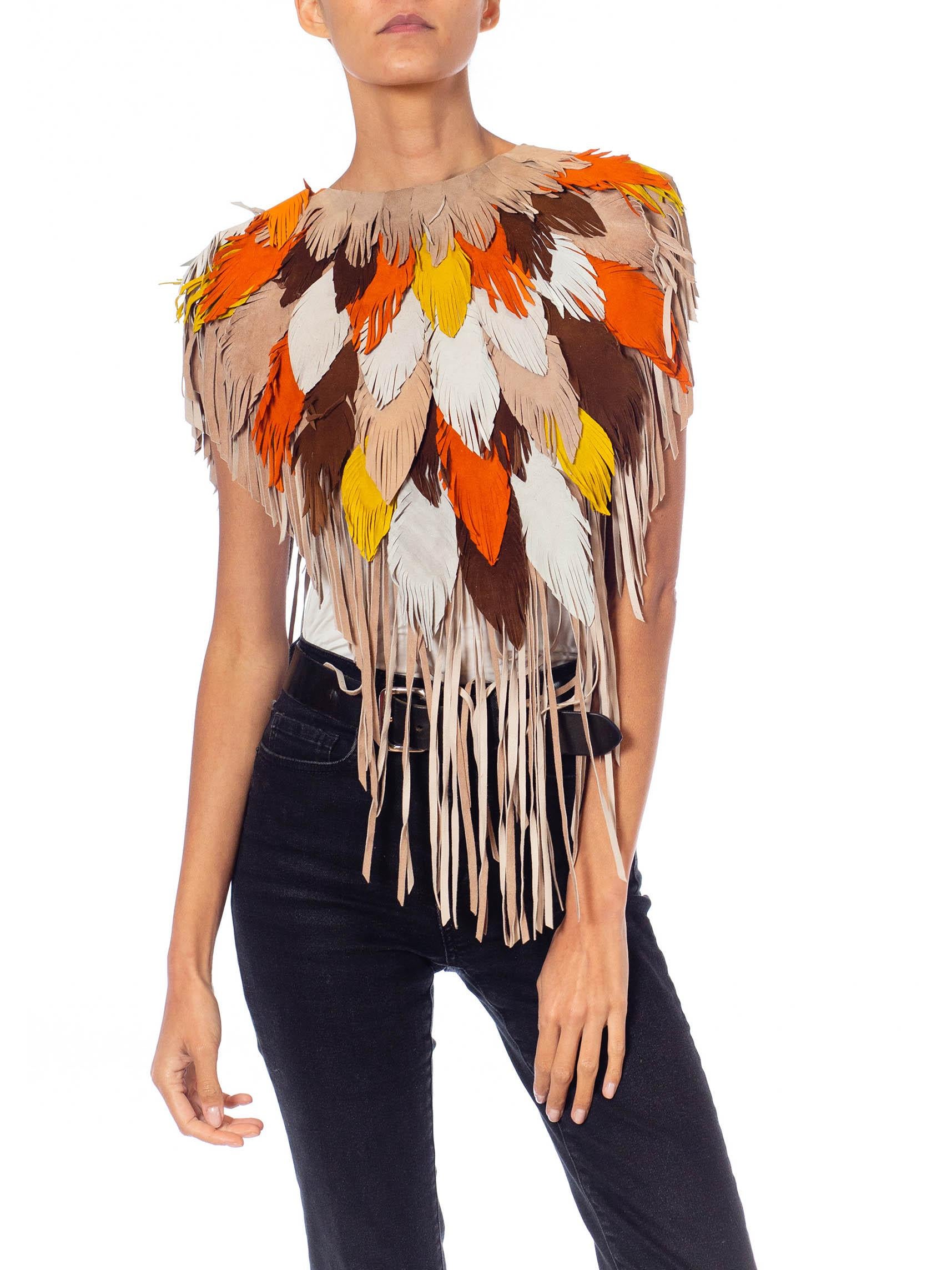 MORPHEW COLLECTION Phoenix Sunset Suede Fringe Feather Leather Cape For Sale 3