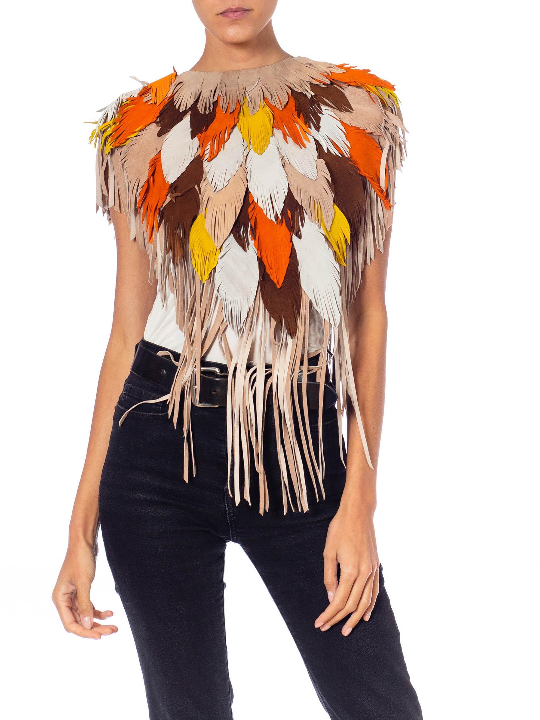 MORPHEW COLLECTION Phoenix Sunset Suede Fringe Feather Leather Cape For Sale 5