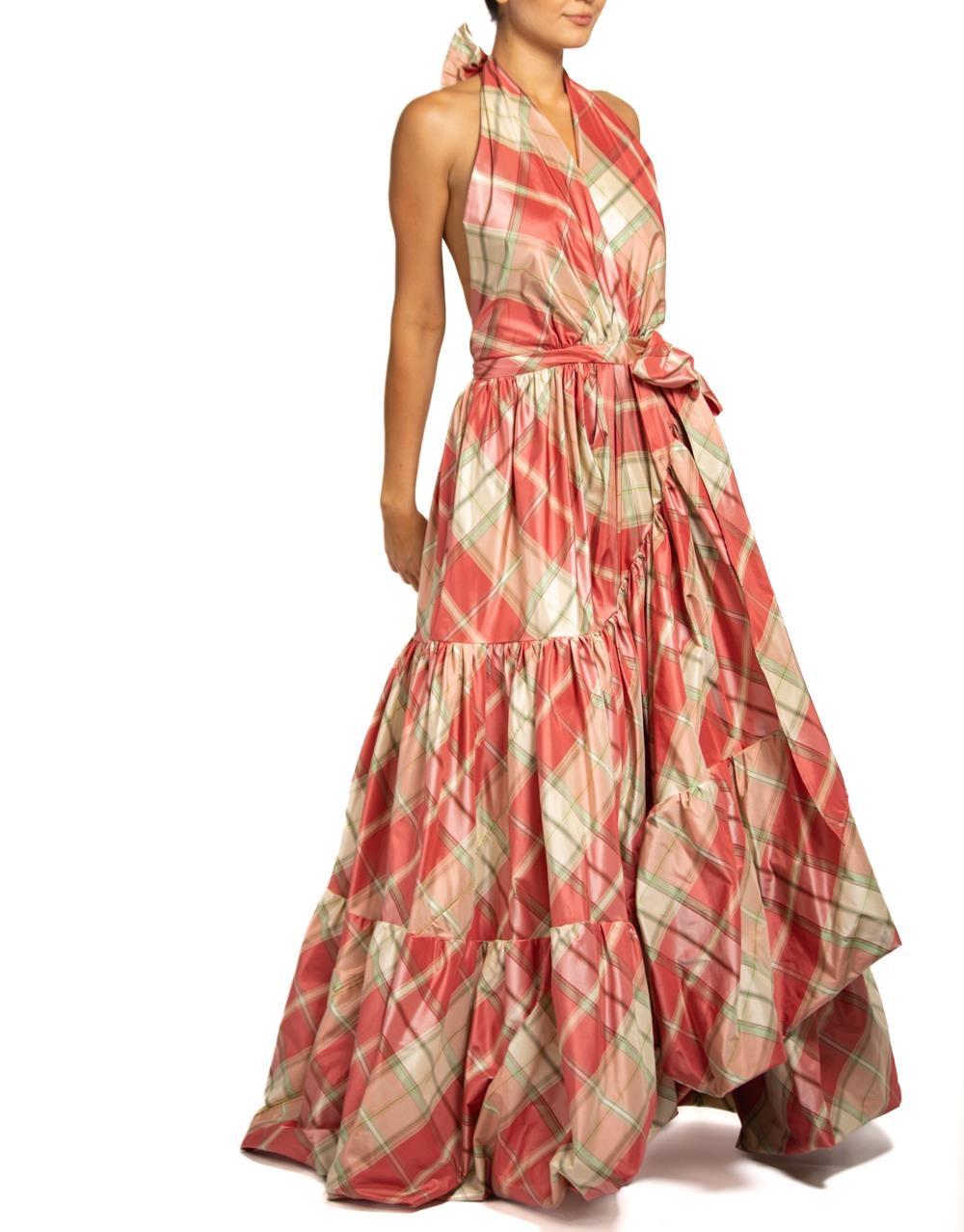 MORPHEW COLLECTION Pink & Aqua Silk Taffeta Plaid Gown MASTER In Excellent Condition For Sale In New York, NY